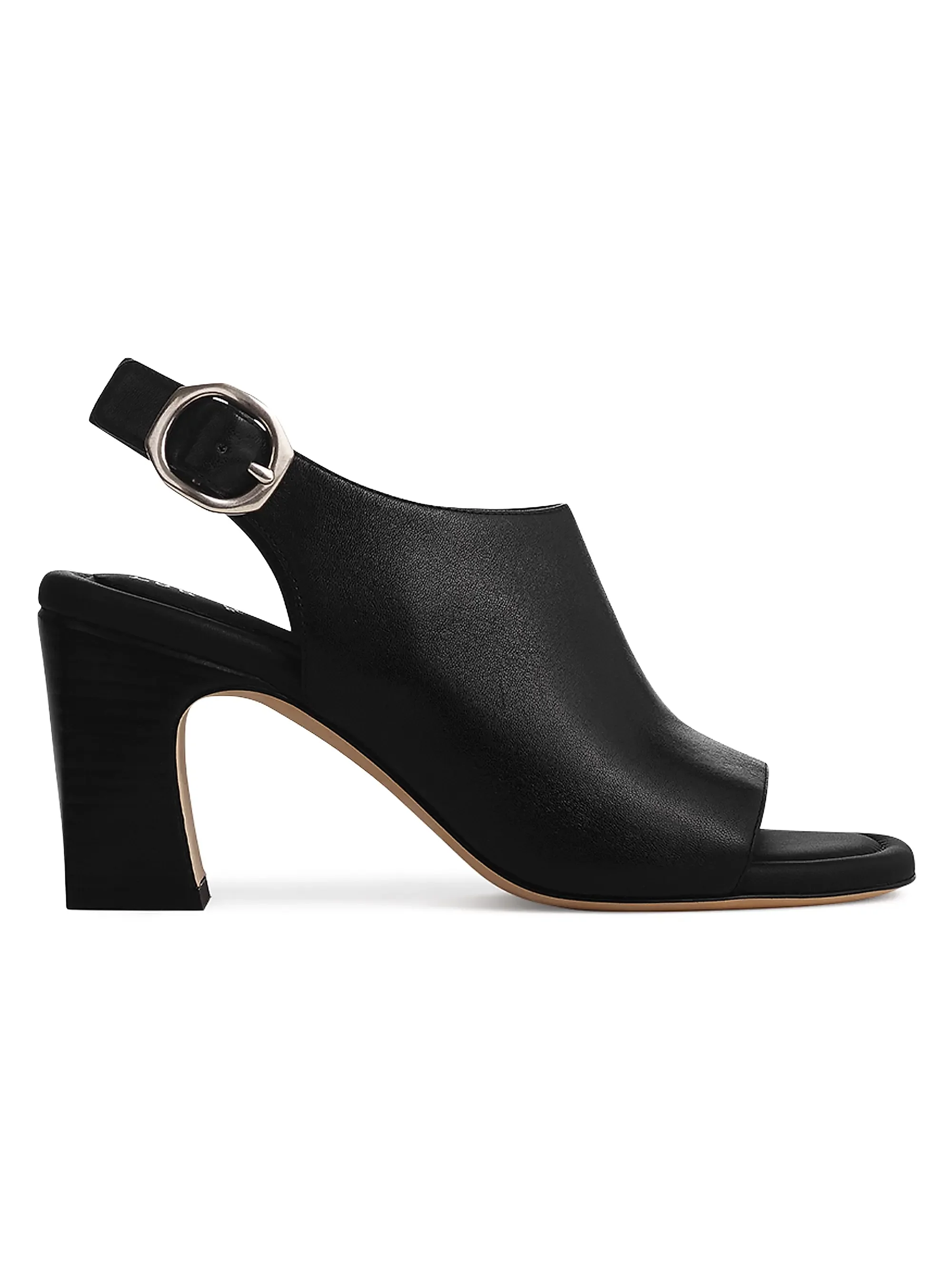 Black open-toe high heel sandal with ankle strap and buckle, against a white background.