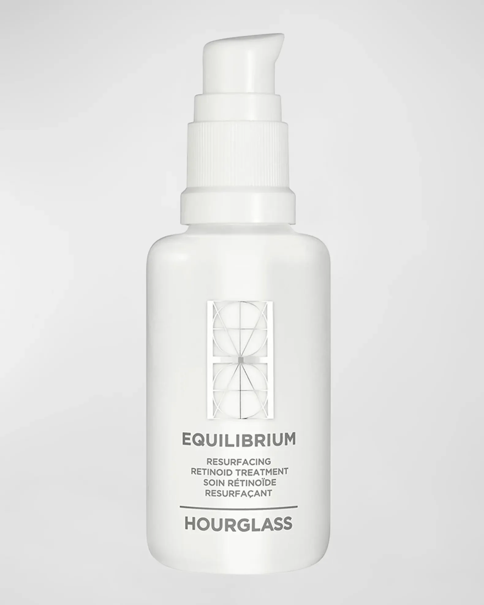 A white bottle of skincare product labeled 'EQUILIBRIUM' by Hourglass with a pump dispenser on top, designed for resurfacing retinoid treatment.
