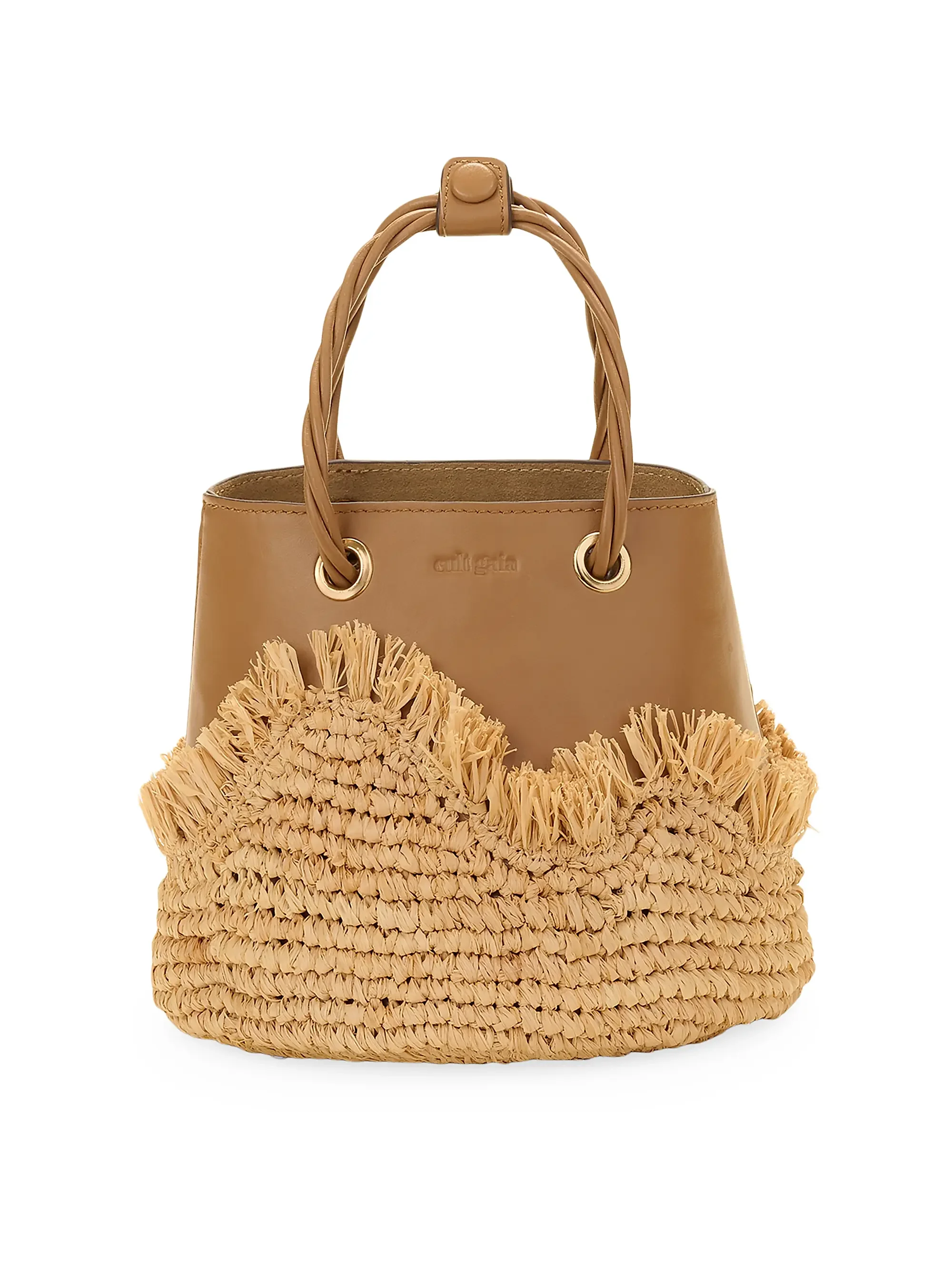 Tan handbag with braided handles and a woven straw bottom detail.