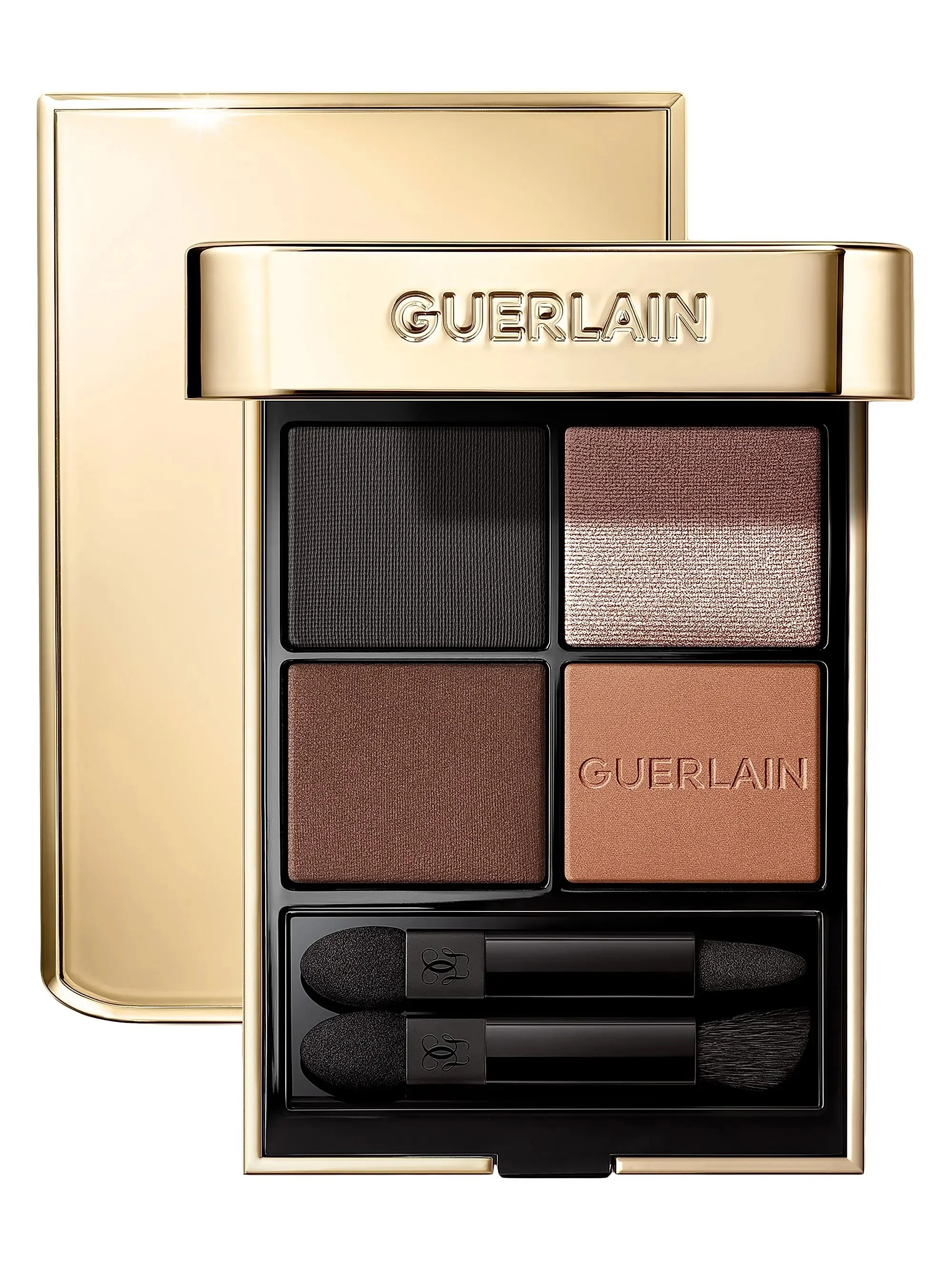 Guerlain eyeshadow palette with four shades and two applicator brushes in a gold case.