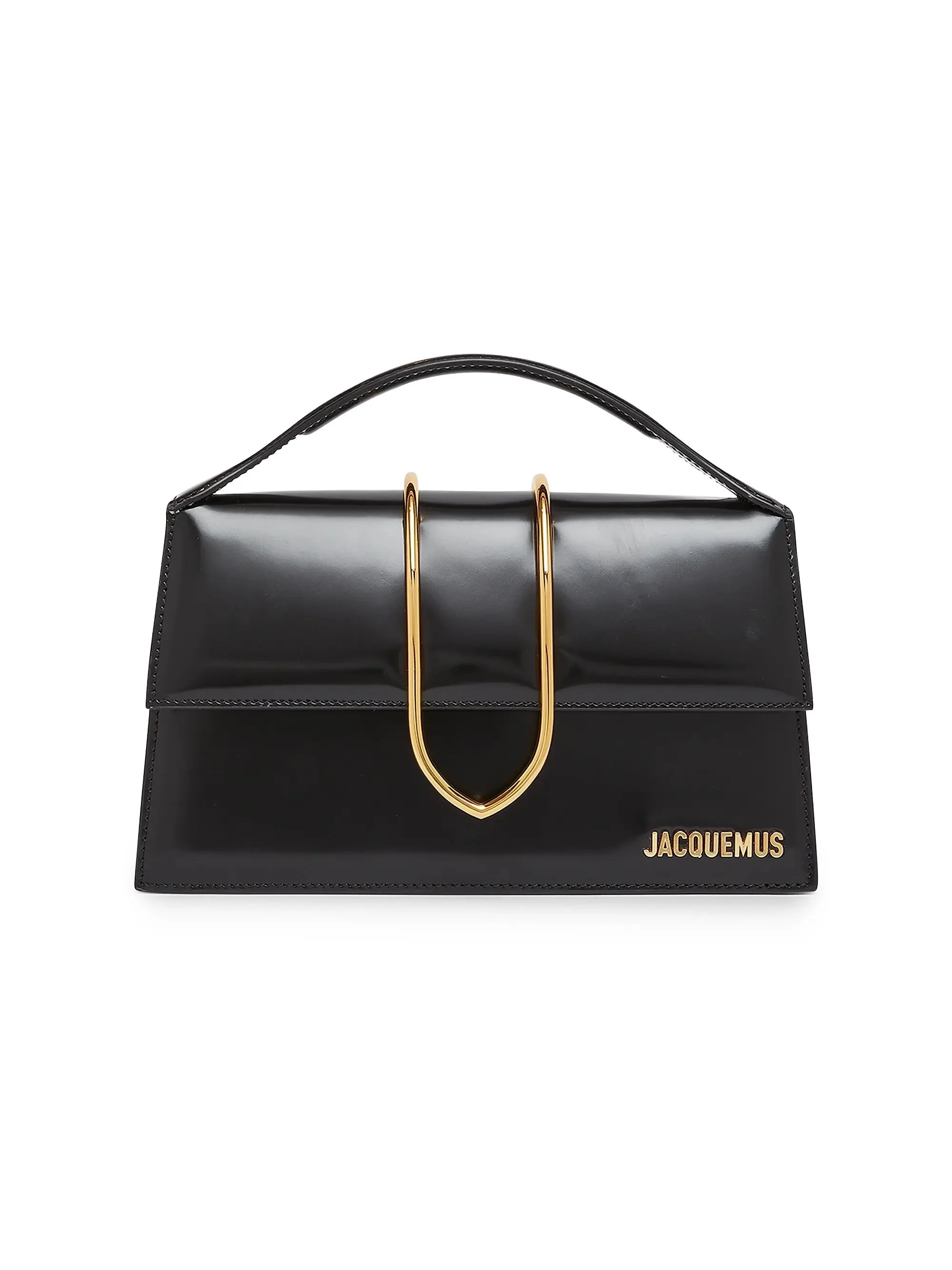Black leather handbag with gold handle detail and Jacquemus logo on the bottom right corner.