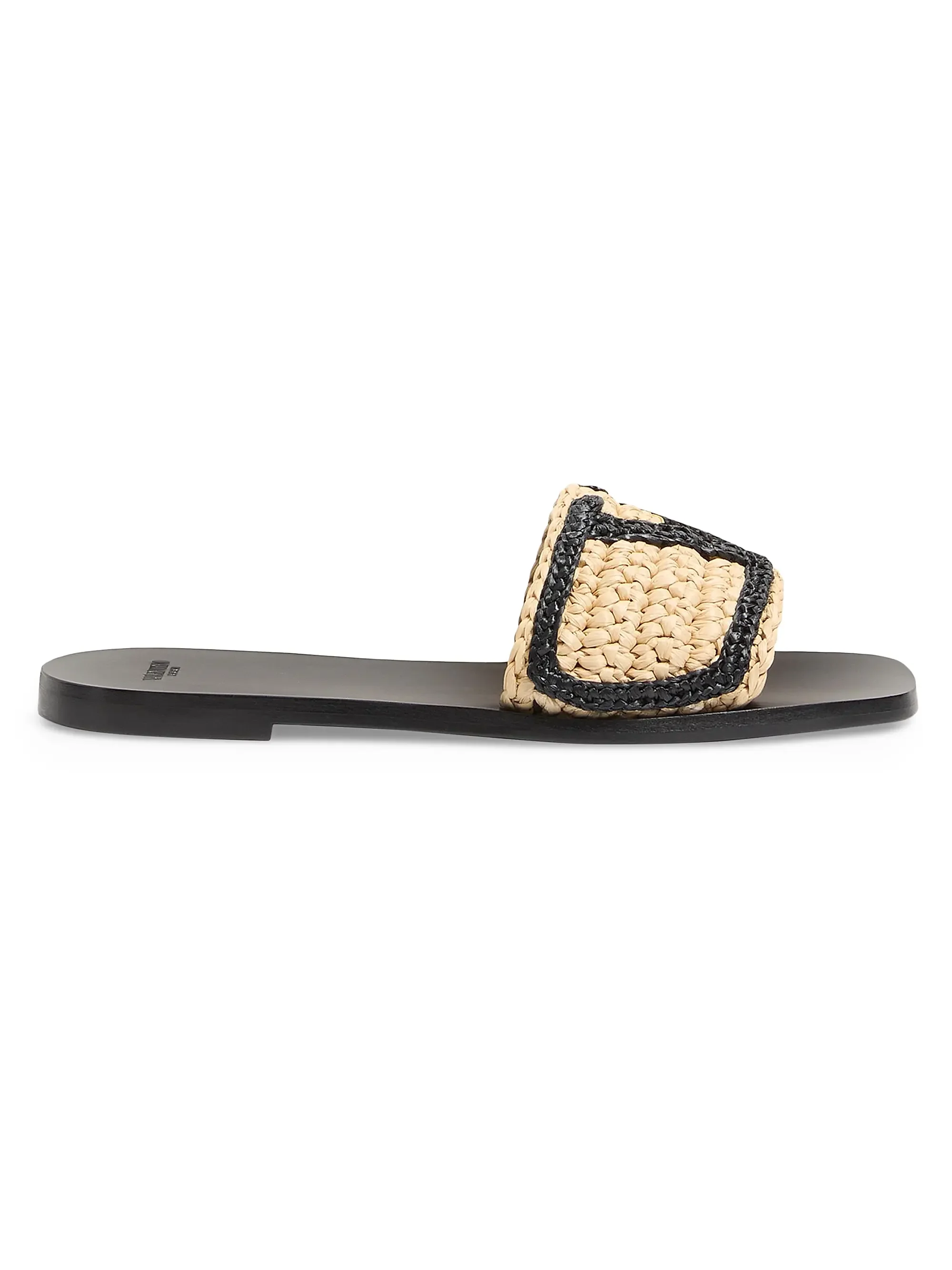 Black sandal with a wide woven strap featuring a black embroidered border.