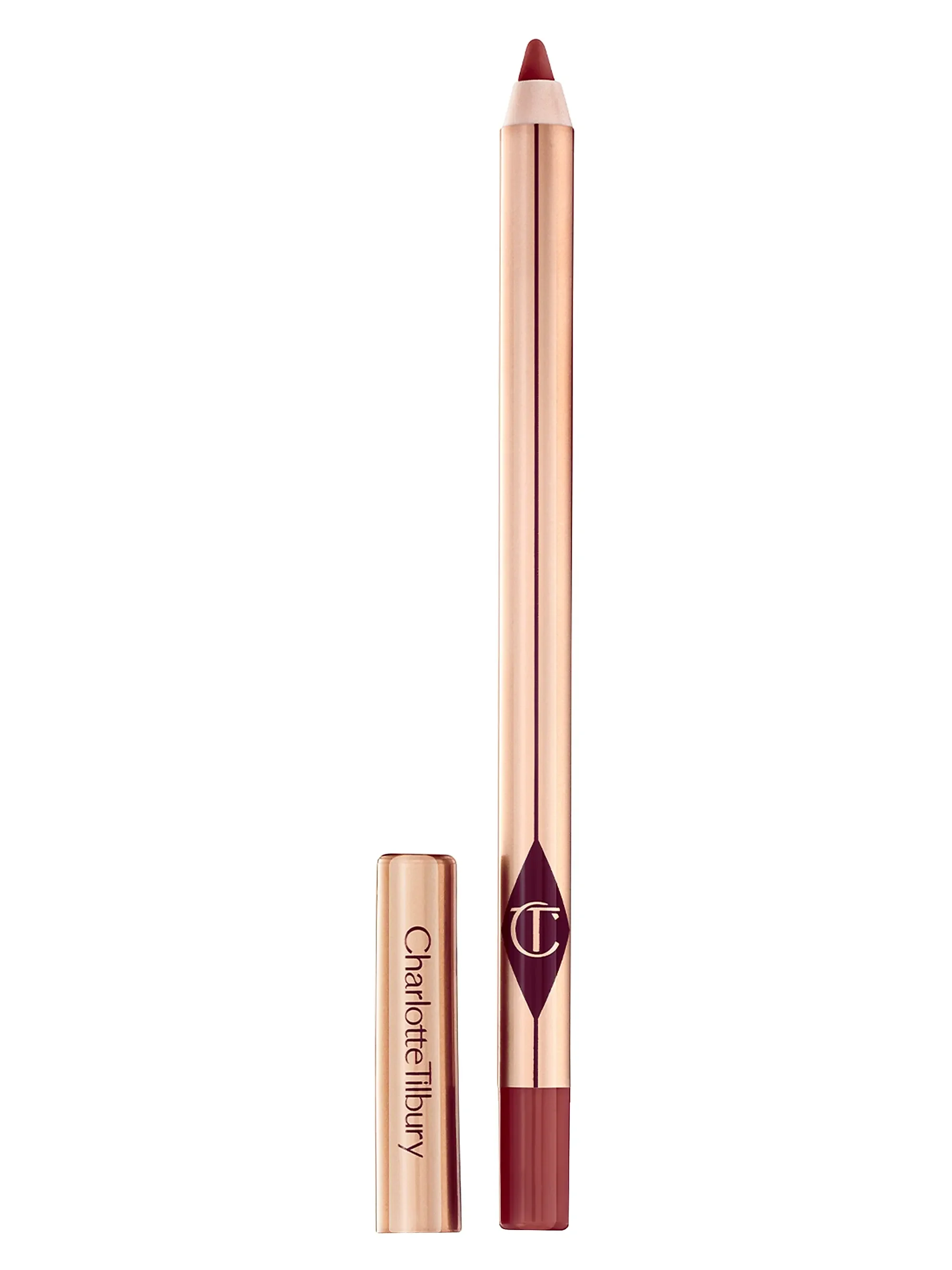 A rose gold lipstick with a burgundy cap and a matching lipstick color, featuring the Charlotte Tilbury logo and text.