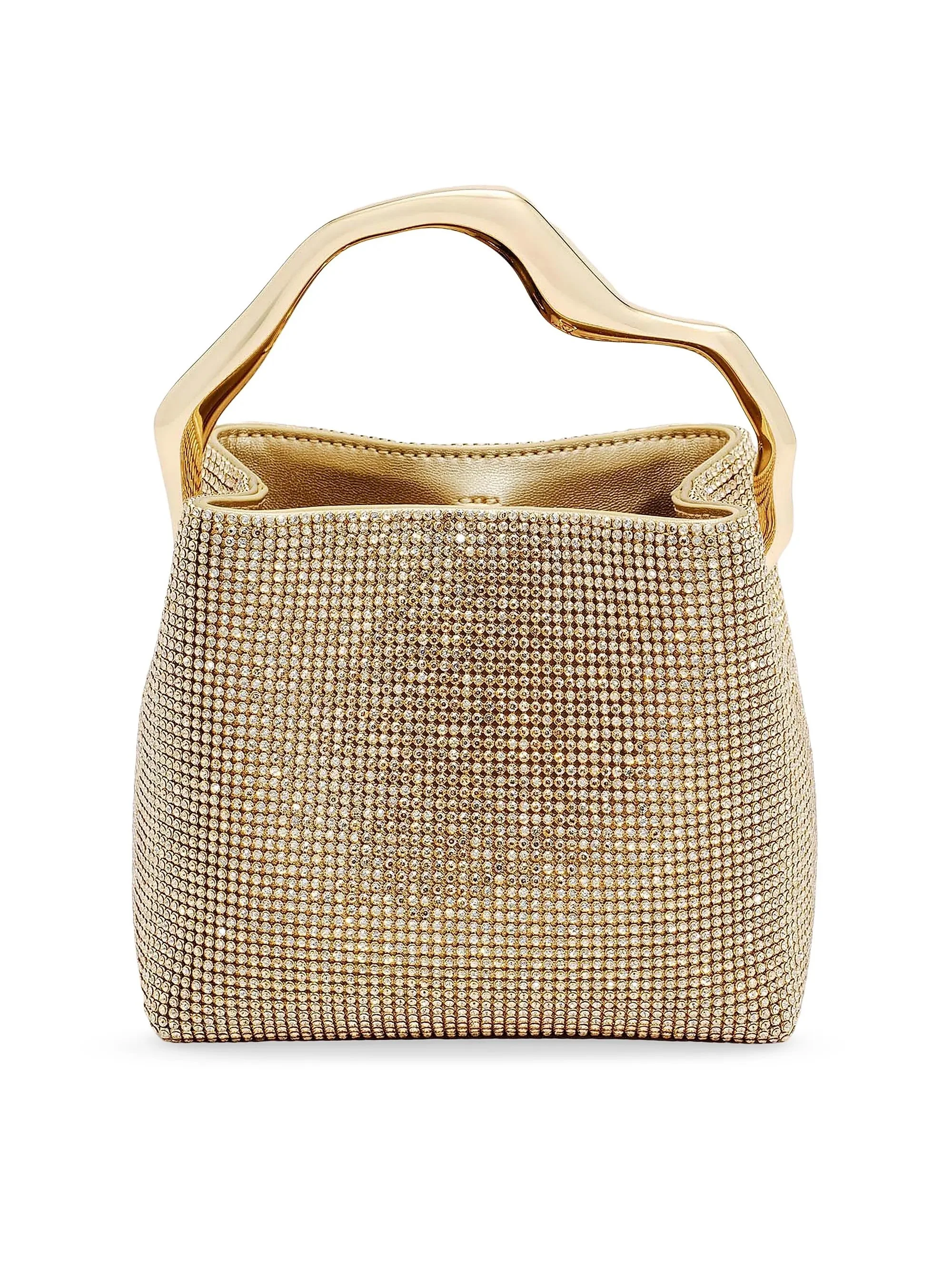 Gold handbag with rhinestone embellishments and a gold handle.