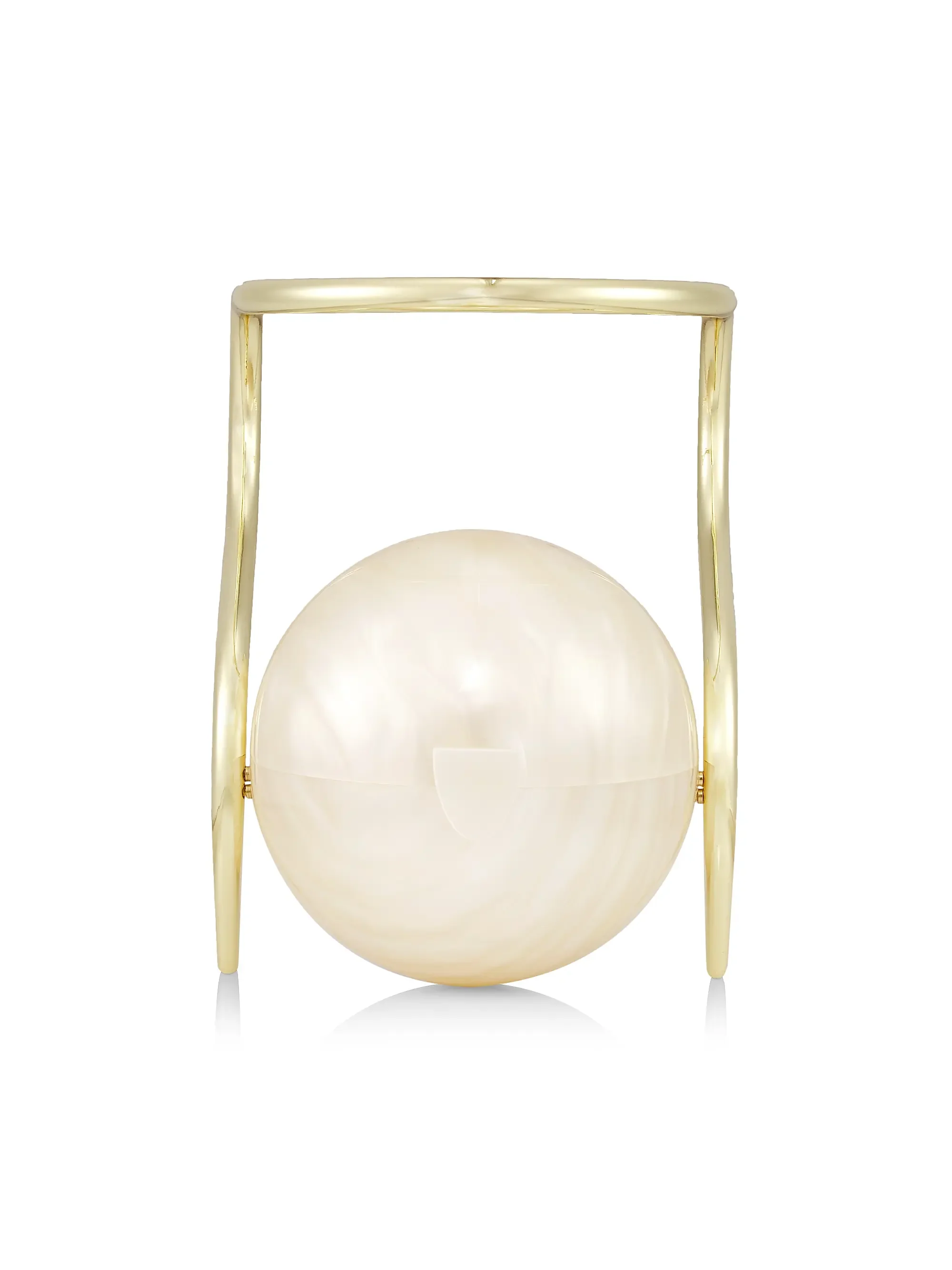 A designer handbag featuring a large pearl sphere as the main body with a gold frame.