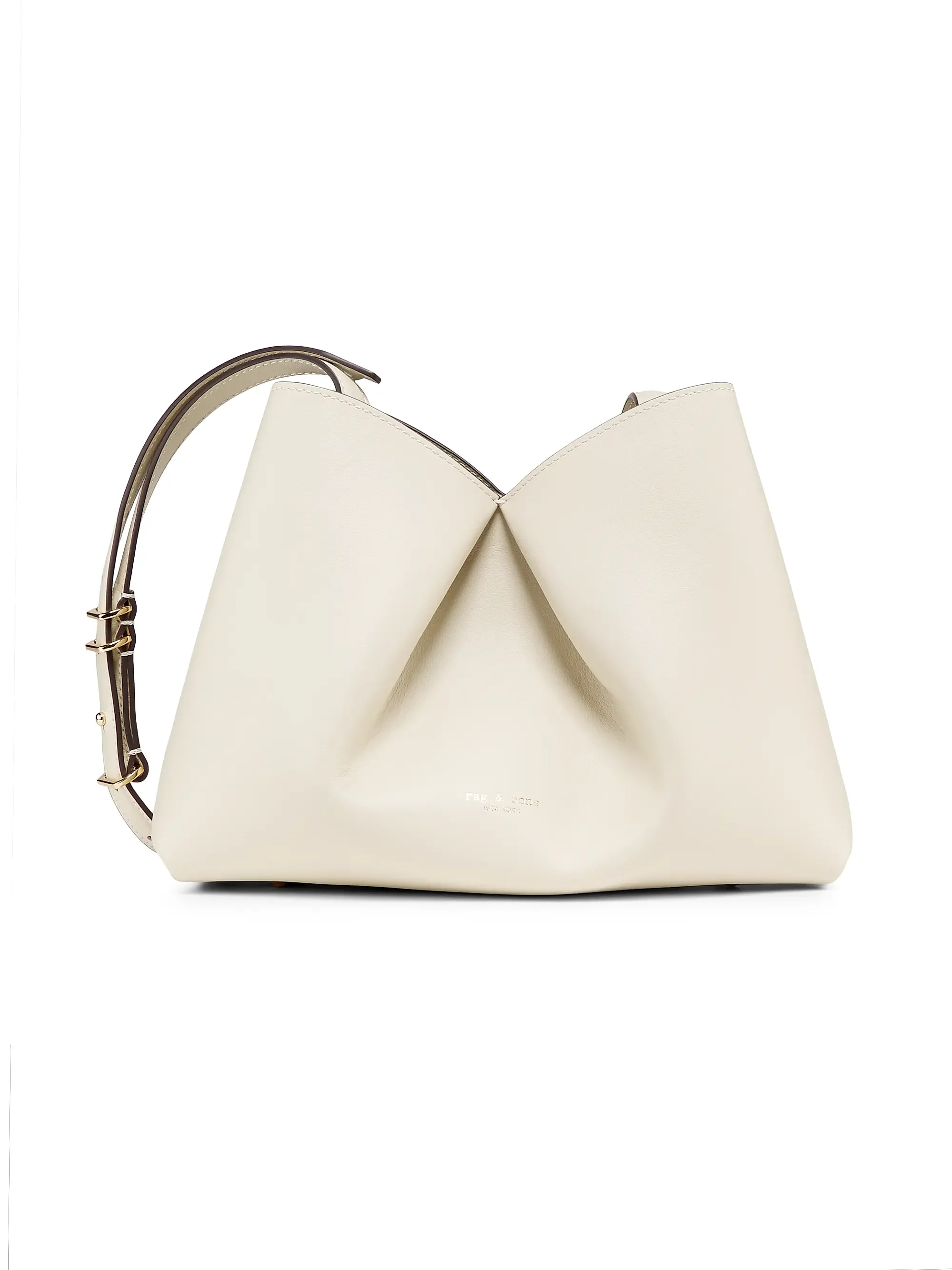 A white designer handbag with pleated detailing and a dark strap with gold hardware, against a plain white background.
