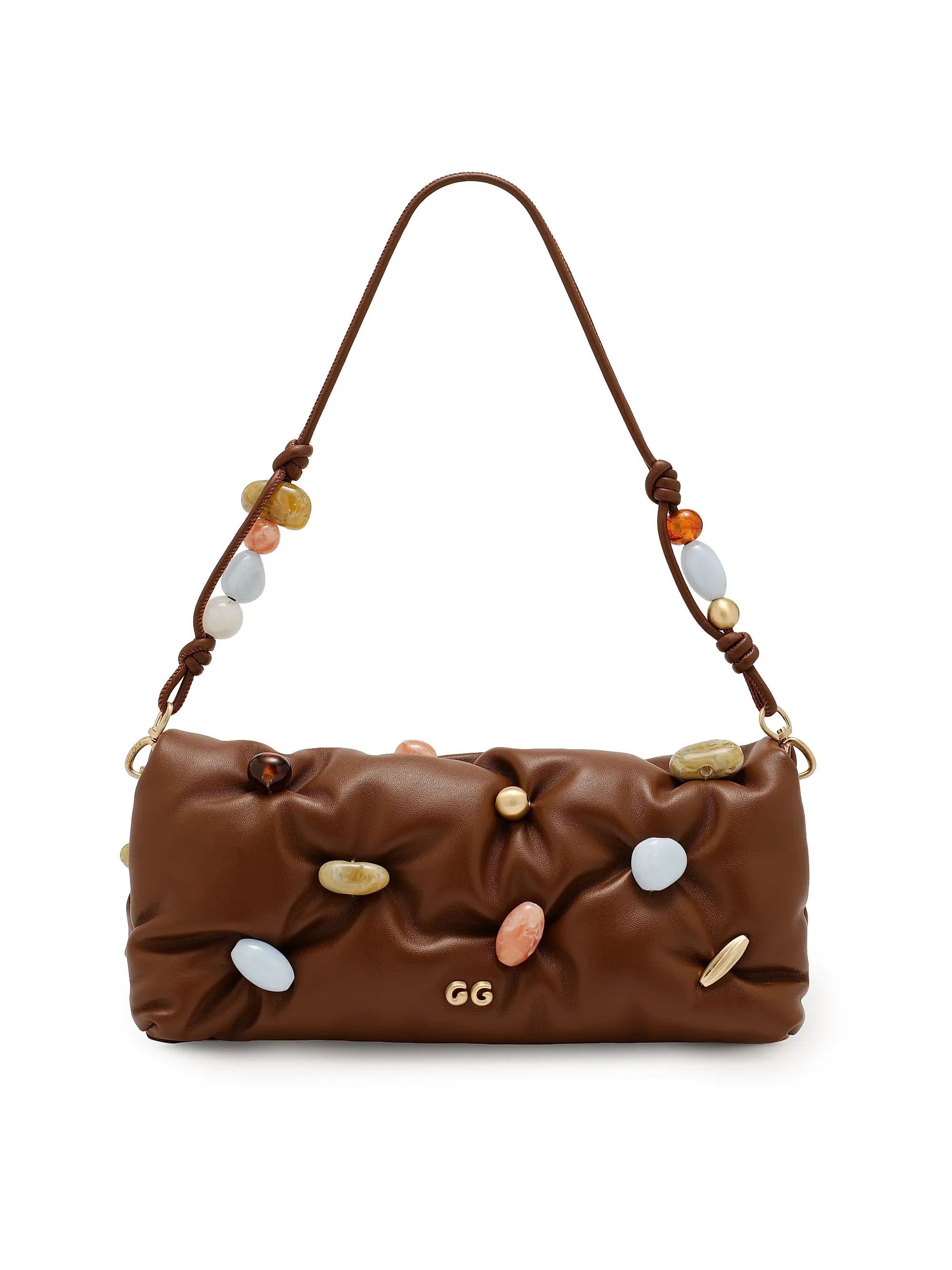 Brown designer handbag with a tufted design, decorated with multicolored beads and the initials 'GG' on the front.