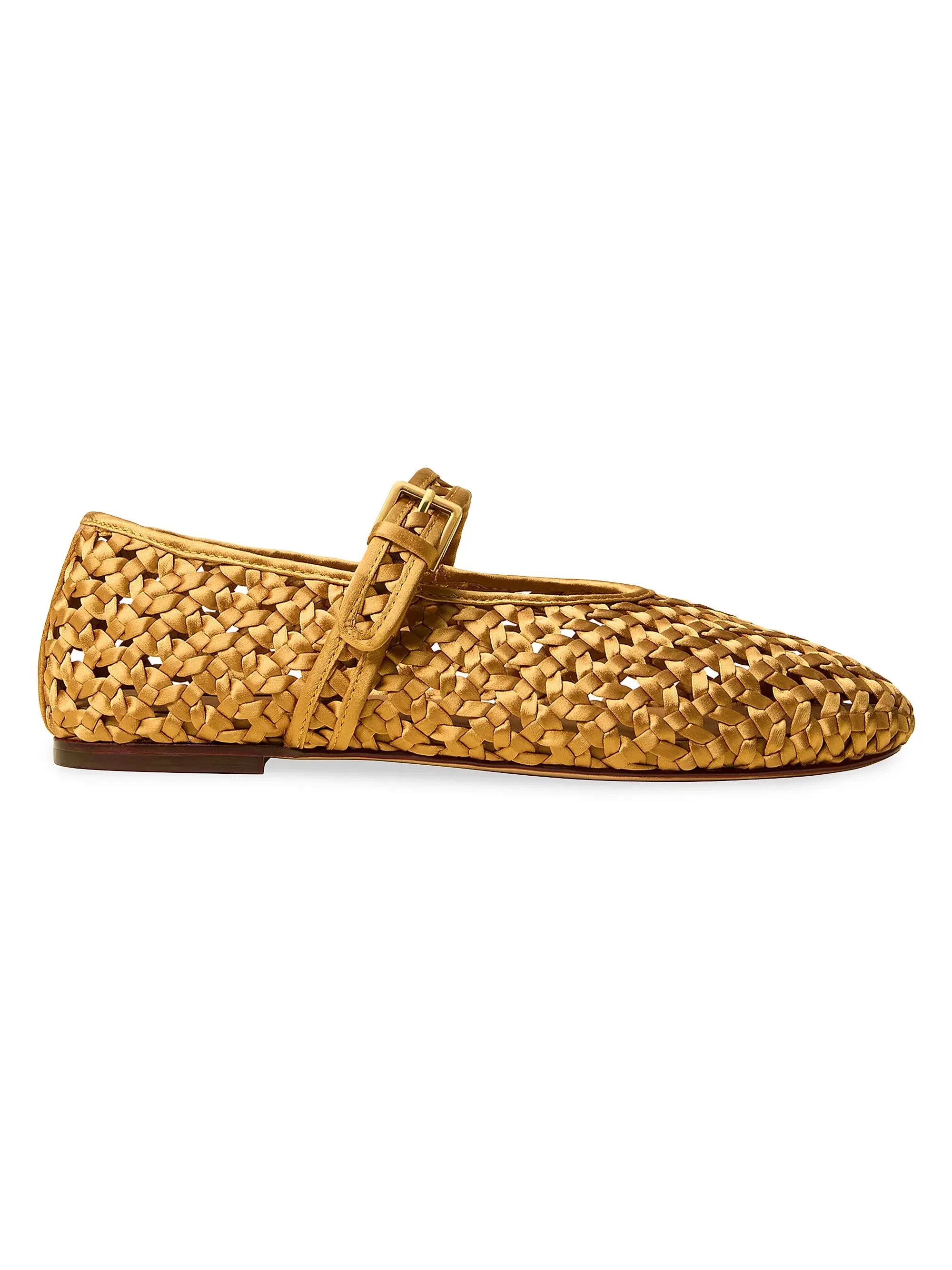 A woven tan leather flat shoe with a buckle strap on the side.