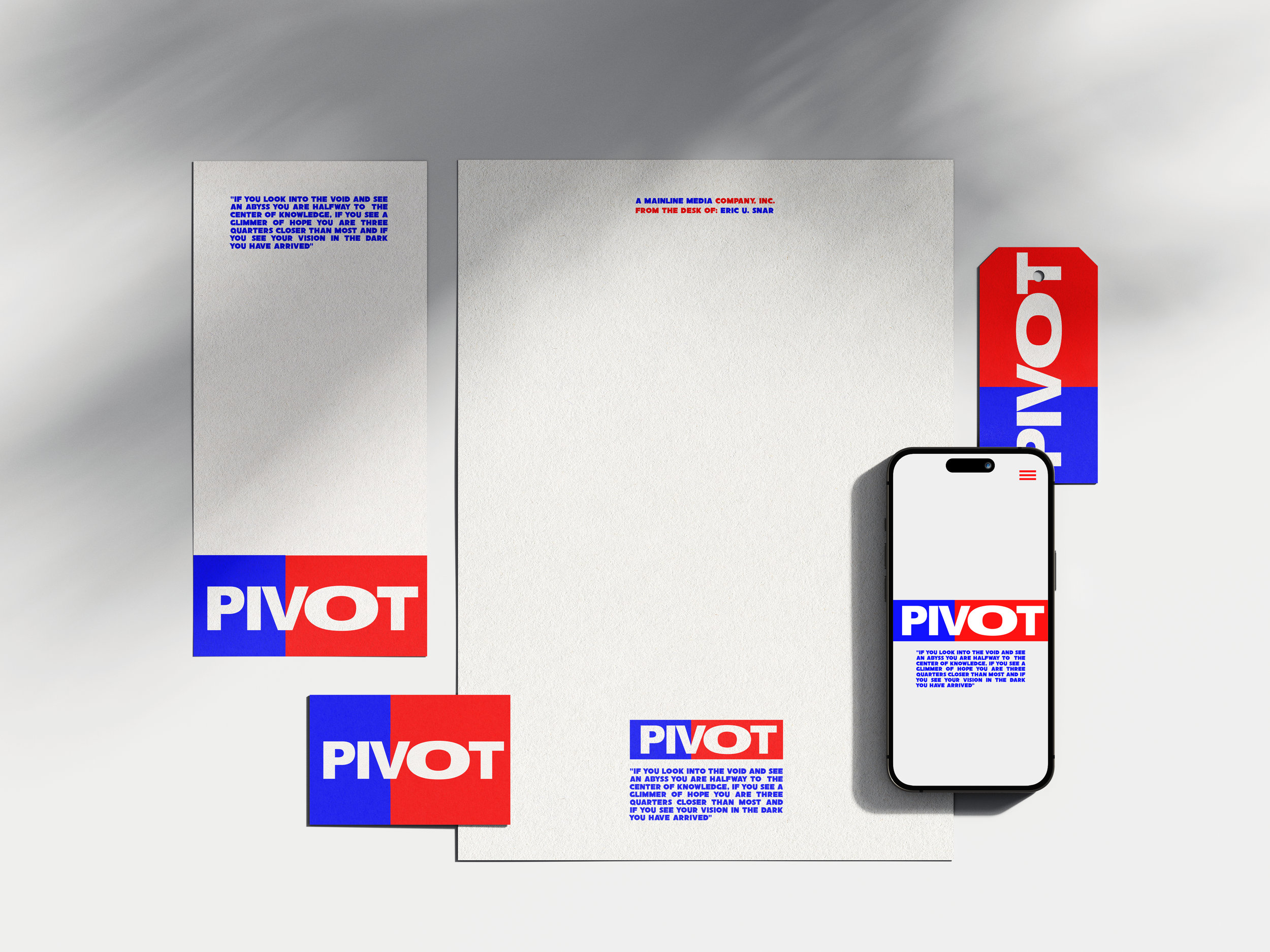 I was the Designer and Creative Director for Pivot Multimedia's initial branding. Based in car capital of the USA, Los Angeles, CA., the concept was a bold modern rebranding that was reminiscent of a gas station bumper sticker.
