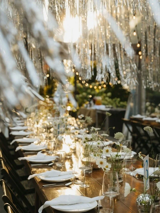 The Tent, but make it disco 🪩✨ Meg + Alex had a sparkly vision, and it absolutely delivered. The tinsel blowing in the wind made it feel like floating in outerspace. Our team loved it so much, we may have repurposed it for our own party&hellip; guil