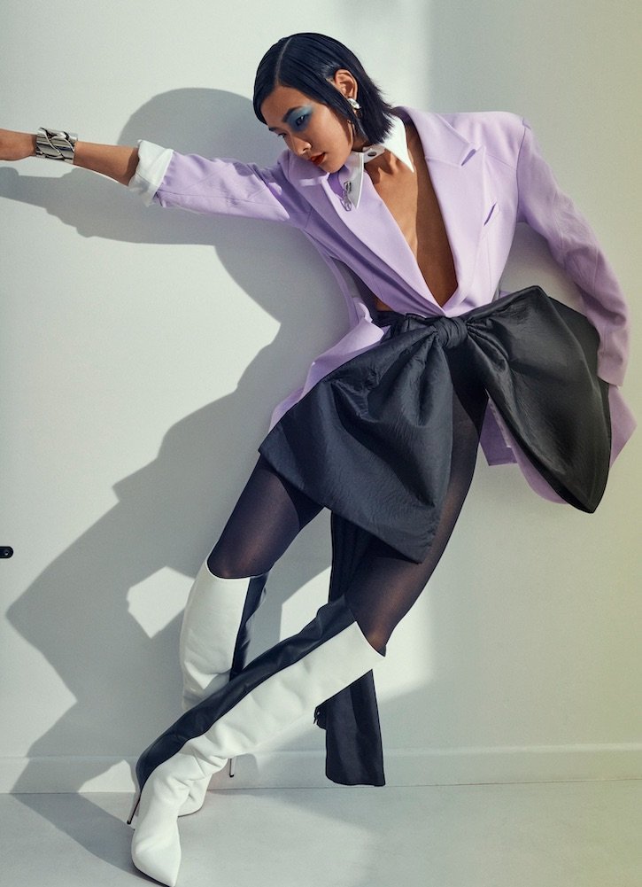 Lilac cutaway blazer by Ray Chu, White standalone Collar by Jenn Lee, Black oversized Bow by Syra J Accumulation, Chain Cuff and Earring by Alexander McQueen, Astrilarge Botta boots by Christian Louboutin, Eco-wear Black tights by Pretty.jpeg