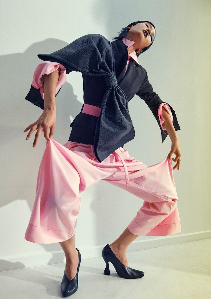Relaxed Fit Two Flap Pocket Shirt and Straight Fit Pants both by Lovebirds Black Blazer with split arm detail by GR London Pari, Bow as before by Syra J Black Muse Leather Pumps by Lanvin Pink Belt Bonfire the Label.jpeg