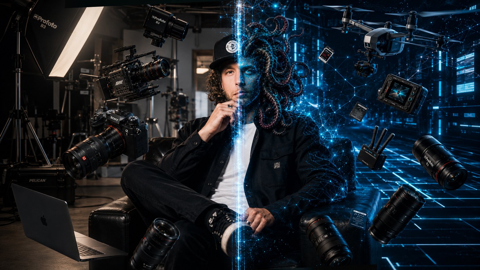 A man sitting on a black leather couch in a studio, surrounded by professional camera equipment and a MacBook laptop. The image is split in half, with the left side showing a real-life scene and the right side depicting a digital, futuristic version with glowing blue digital elements and a digital neural network overlay.