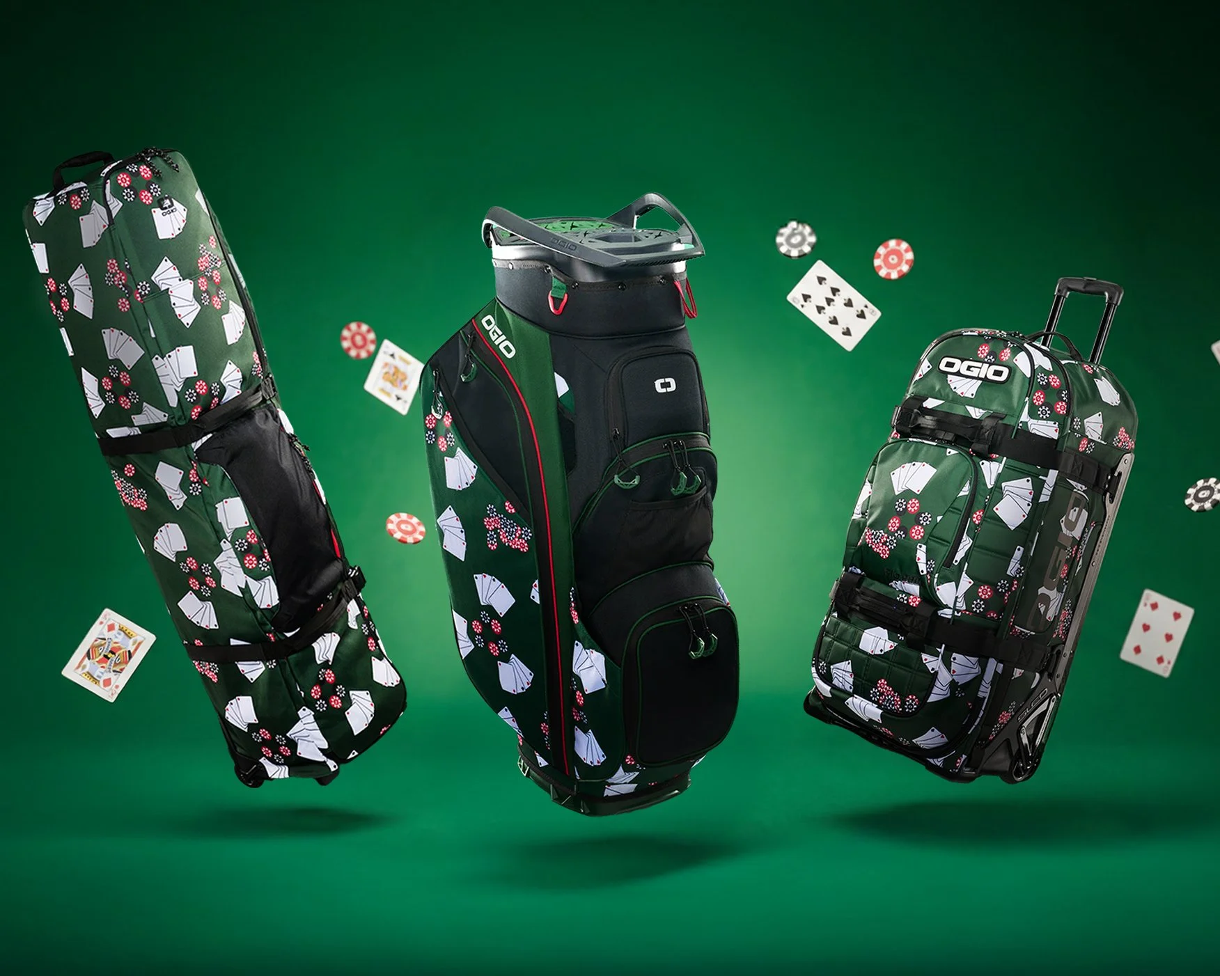 Three golf bags with playing card and poker chip patterns, suspended in mid-air against a green background.