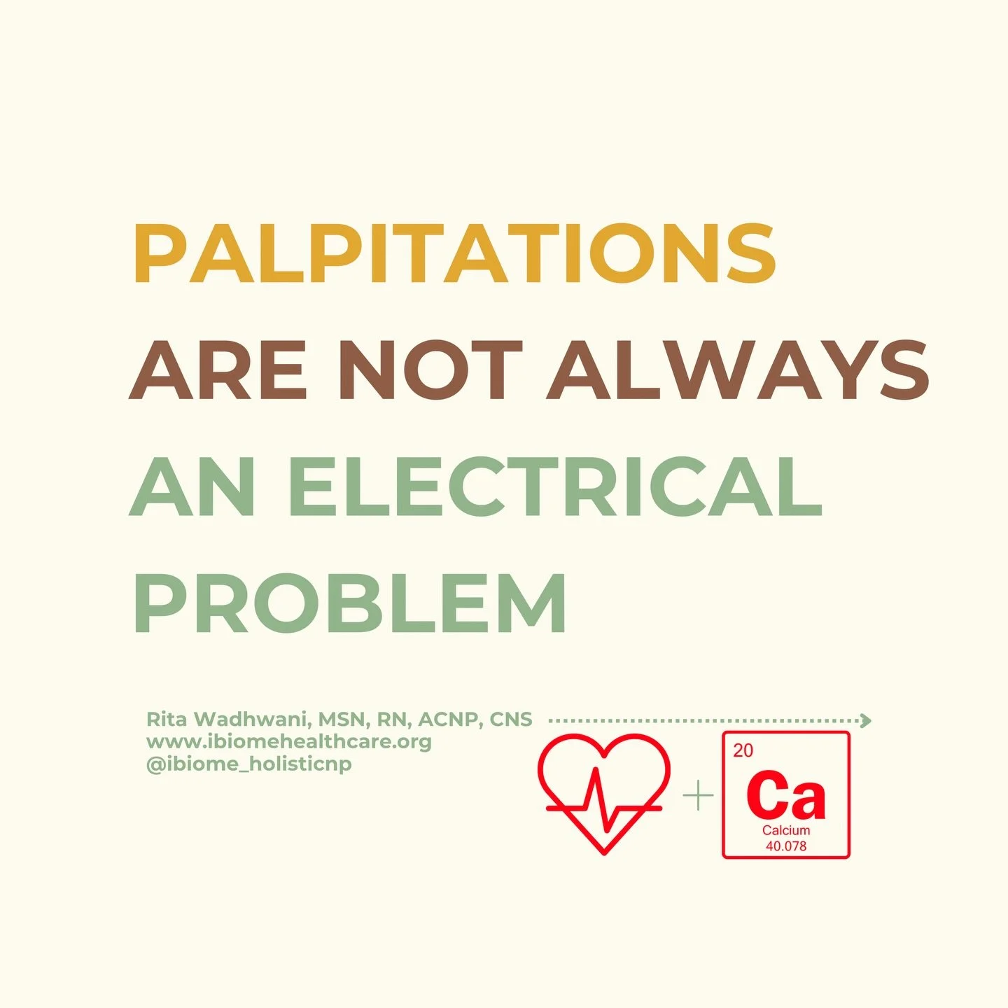 🧬 iBiome Takeaway

👩🏻&zwj;⚕️Palpitations + normal tests often point to calcium instability.

👩🏻&zwj;⚕️#Magnesium is a wonderful Calcium stabilizer 

Magnesium:
* Competes with calcium at channels and binding sites
* Stabilizes L-type Ca&sup2;⁺ c