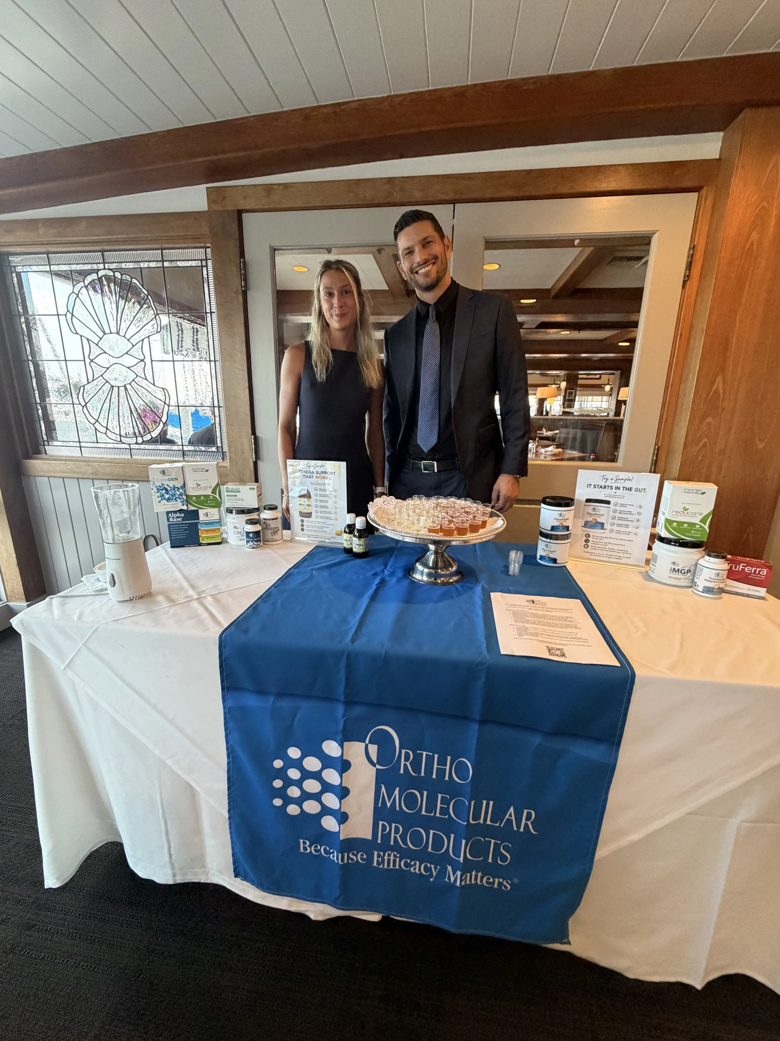 August 27 2026, Maya Rebic and Barrett Sheldon of Ortho Molecular Products, hosted a shot bar of Omega 3 and Glutamine products