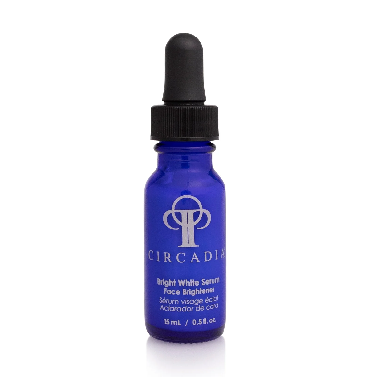Blue bottle of Circadia Bright White Serum Face Brightener with black dropper cap, displayed against a white background.