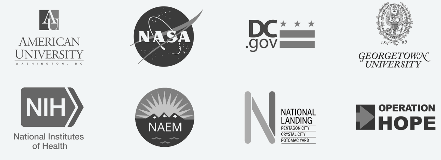 client logos including American University, NASA, DC.gov, Georgetown University, NIH, HAEM, National Landing, and Operation Hope