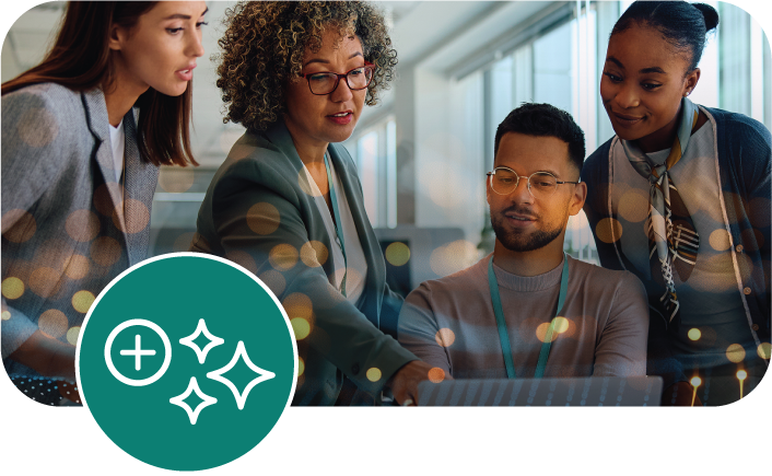 People working with computer and AI icon