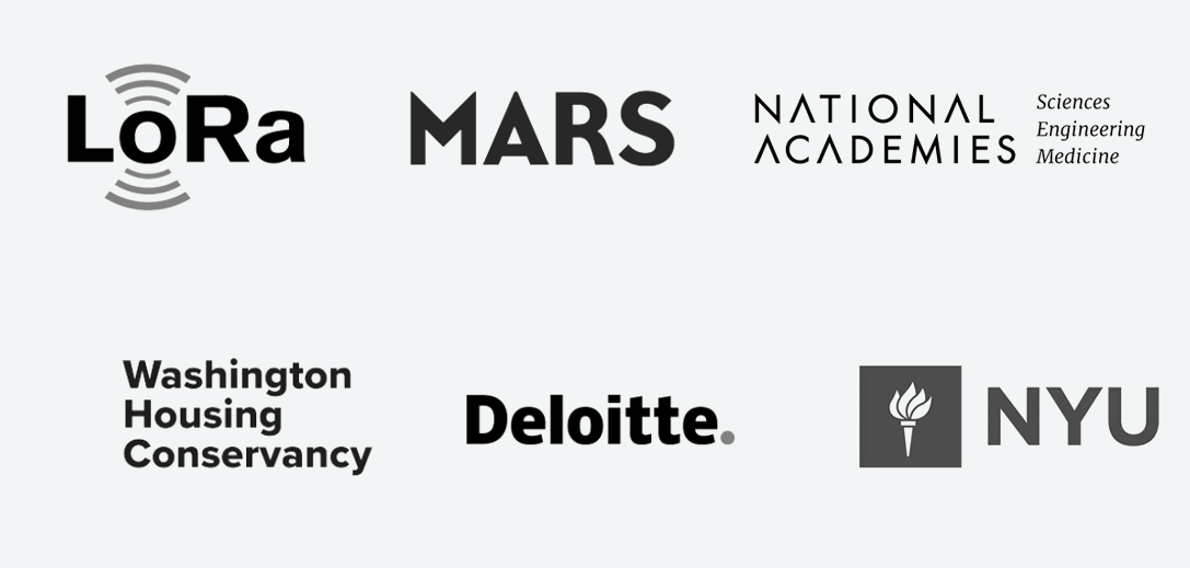 Client logos including LoRa, MARS, National Academies, Washington Housing Conservancy, Deliotte, and NYU