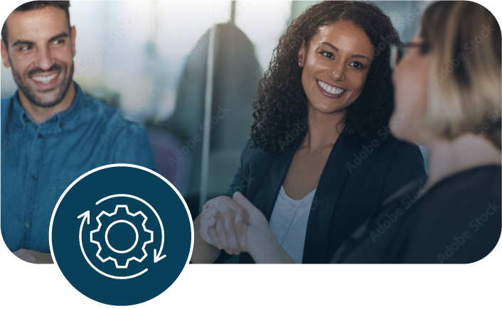 People shaking hands with icon of gear and arrows