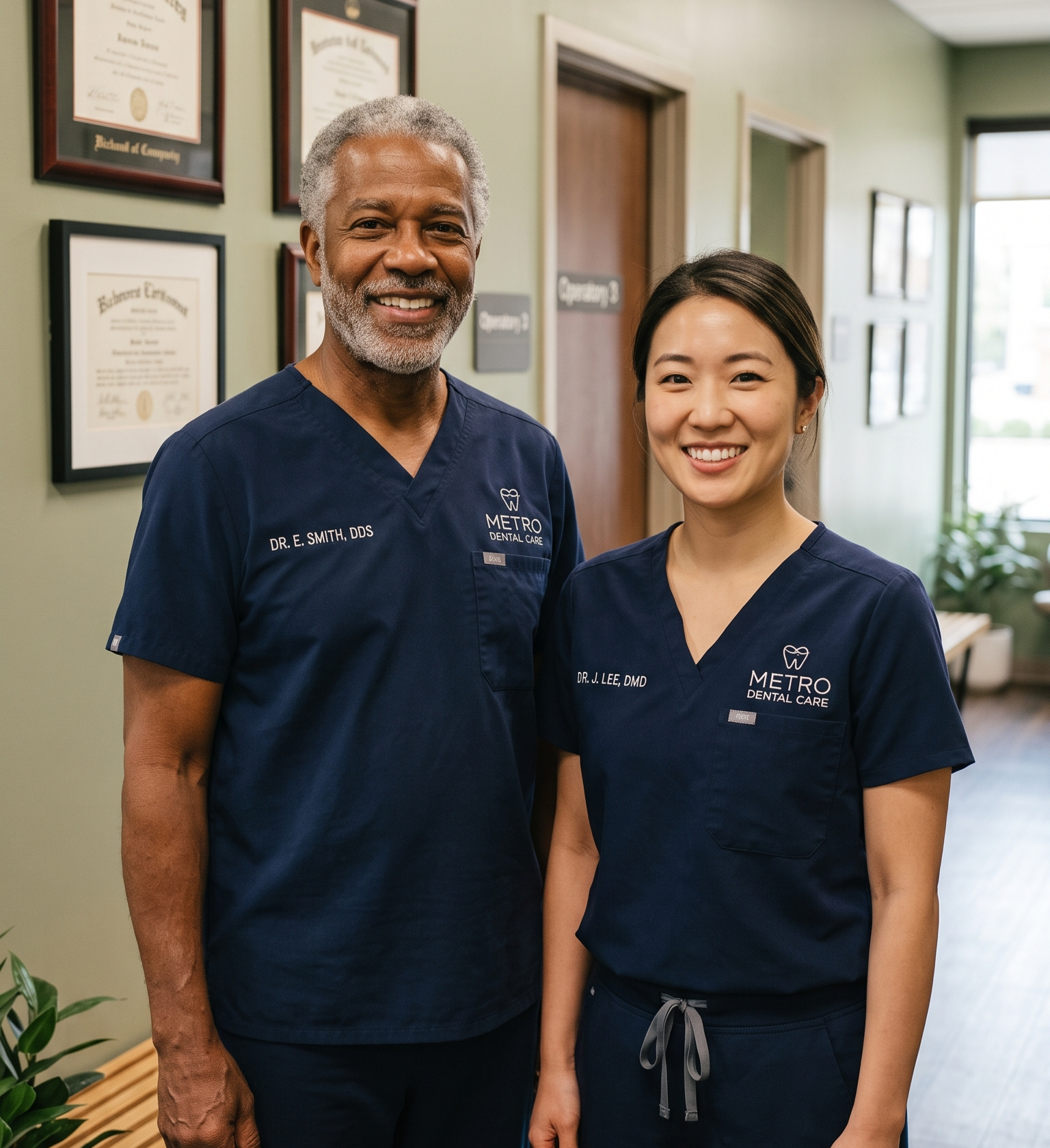 Two dental care professionals, a man and a woman, standing in a dental office. They are smiling and wearing navy blue scrubs with their names and titles visible. The man is older with gray hair and a beard, and the woman is younger with dark hair. Behind them, framed certificates and diplomas are mounted on a green wall.