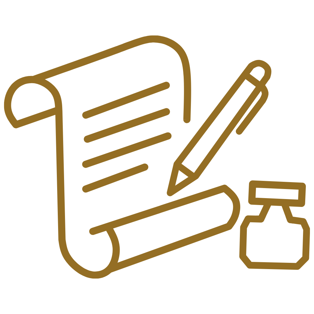 A pen, paper, and inkwell