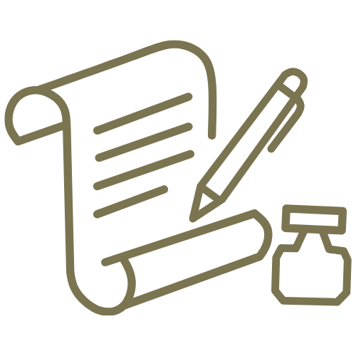 A pen, paper, and inkwell