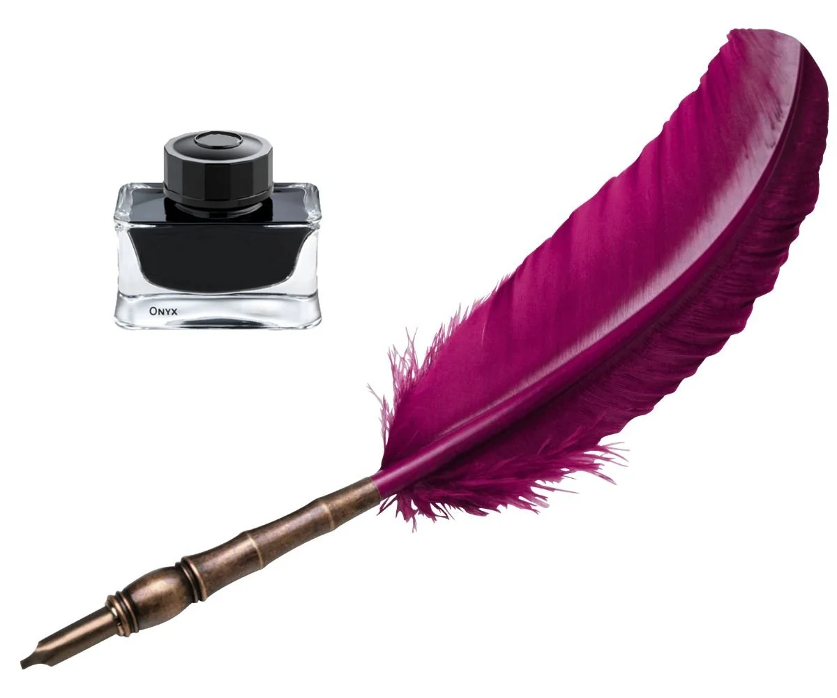 A pink feather quill pen, a bottle of black ink, and some ink splatters