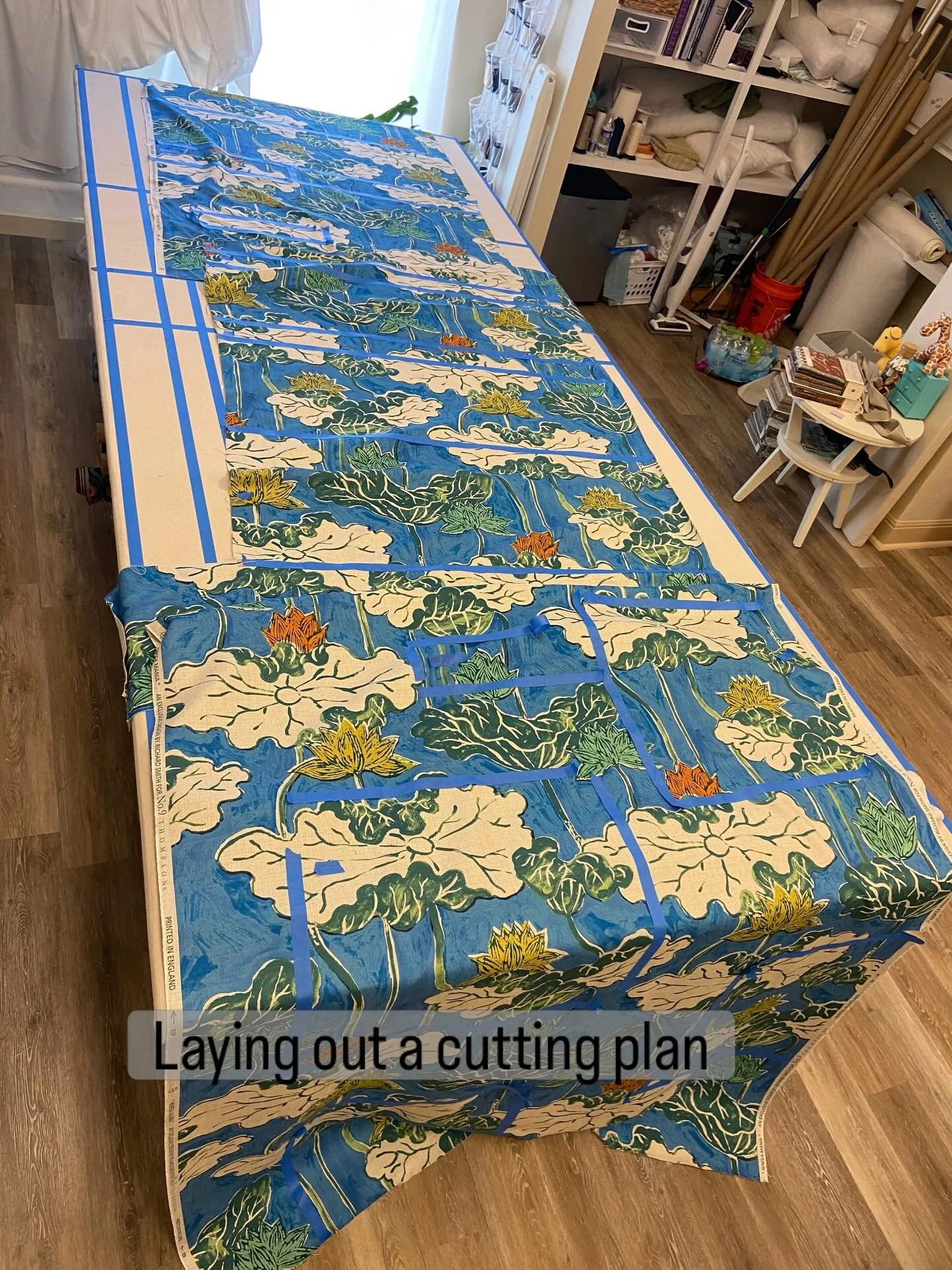 I ran through a good amount of blue tape on this one. Large pattern repeats on a bench cushion made for extra time in the planning stage. It takes careful planning to ensure the right size is cut and that the platters matches flawlessly. How much tim