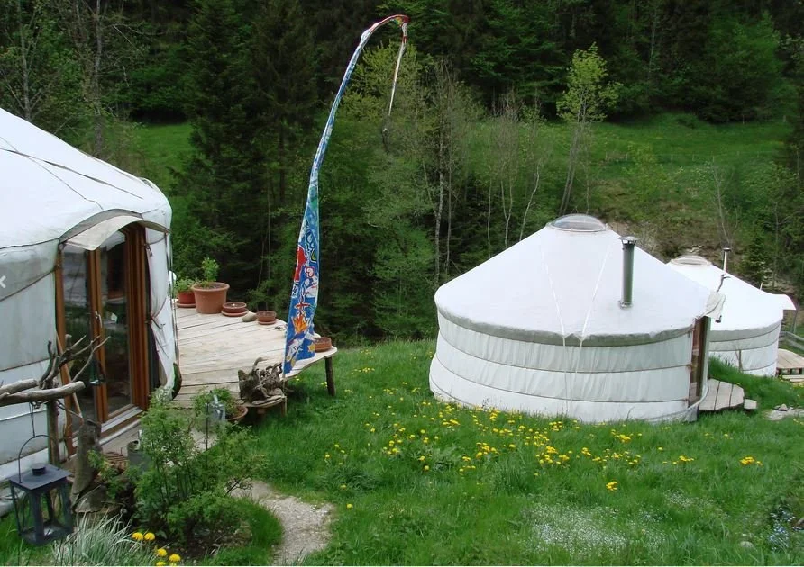 Green grassy area with two white yurt structures, a small deck with potted plants, and a colorful flag, surrounded by trees.