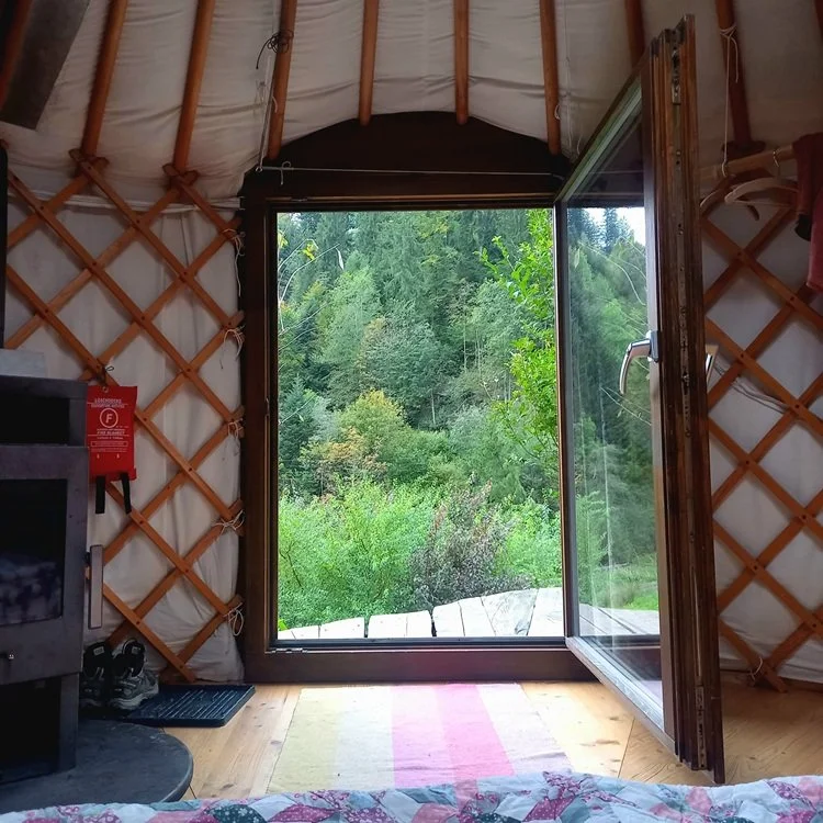 Open window in a yurt showing green forest outside, with interior wooden floors and walls, and a small black stove in the corner.