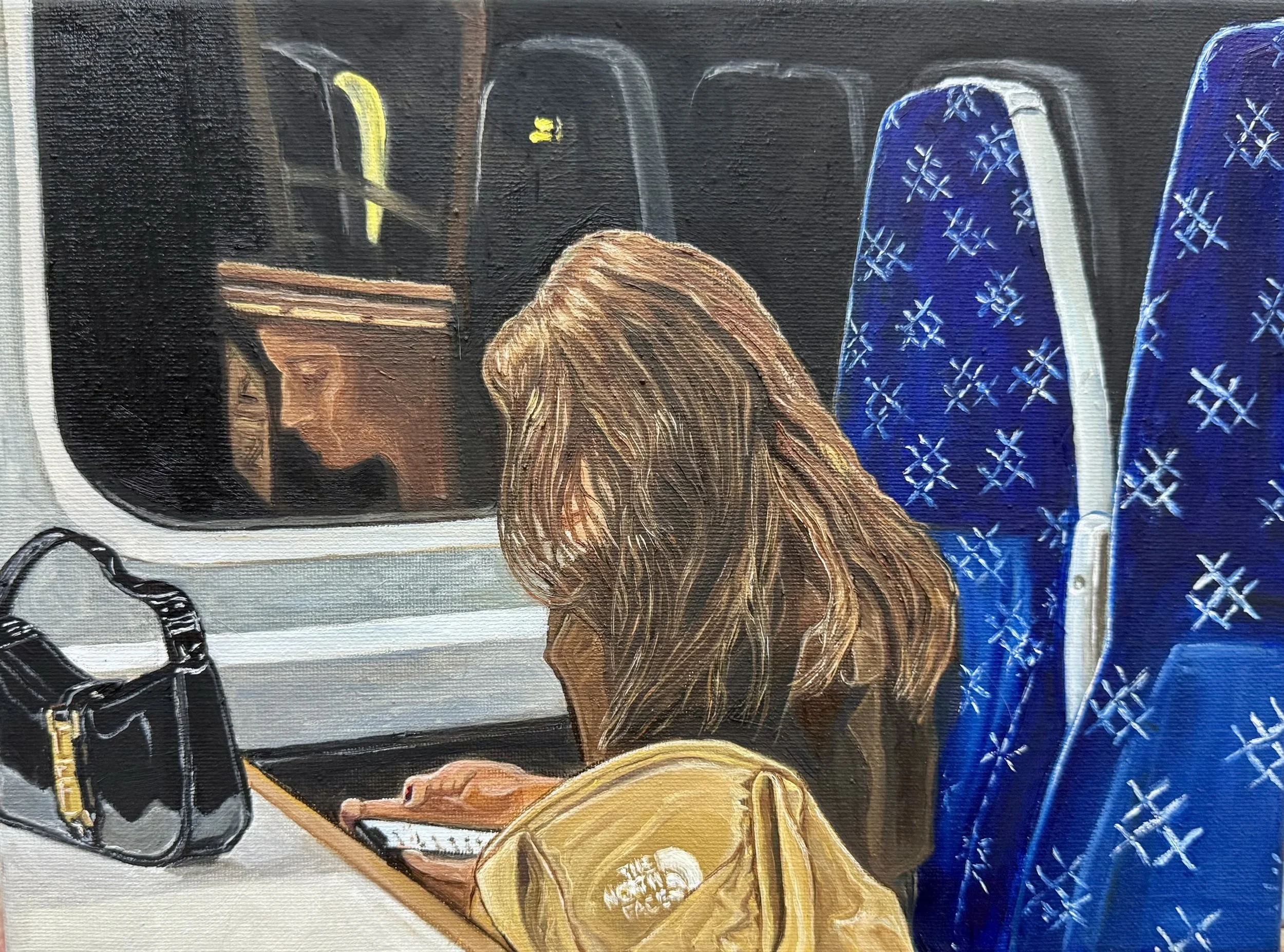 GIRL ON THE TRAIN, 2026 Oil on canvas, 12"X9"  Original for Sale