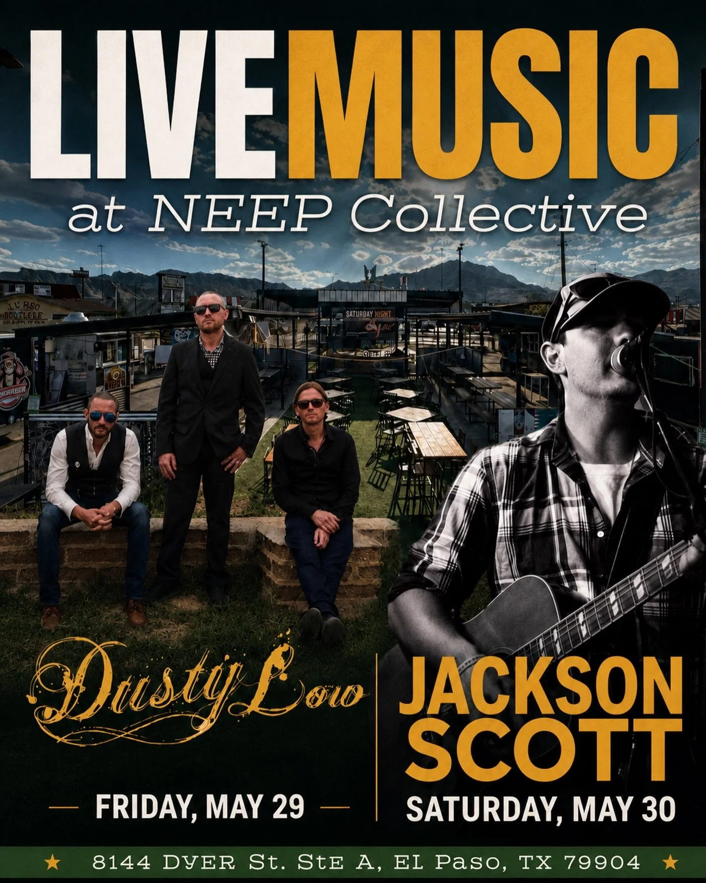 You loved them last week, so we had to run it back. 🎶

Live music returns to the NEEP patio this weekend with Dusty Low on Friday, May 29 and Jackson Scott on Saturday, May 30.

Grab your crew, get here early, and settle in for a weekend of cold dri