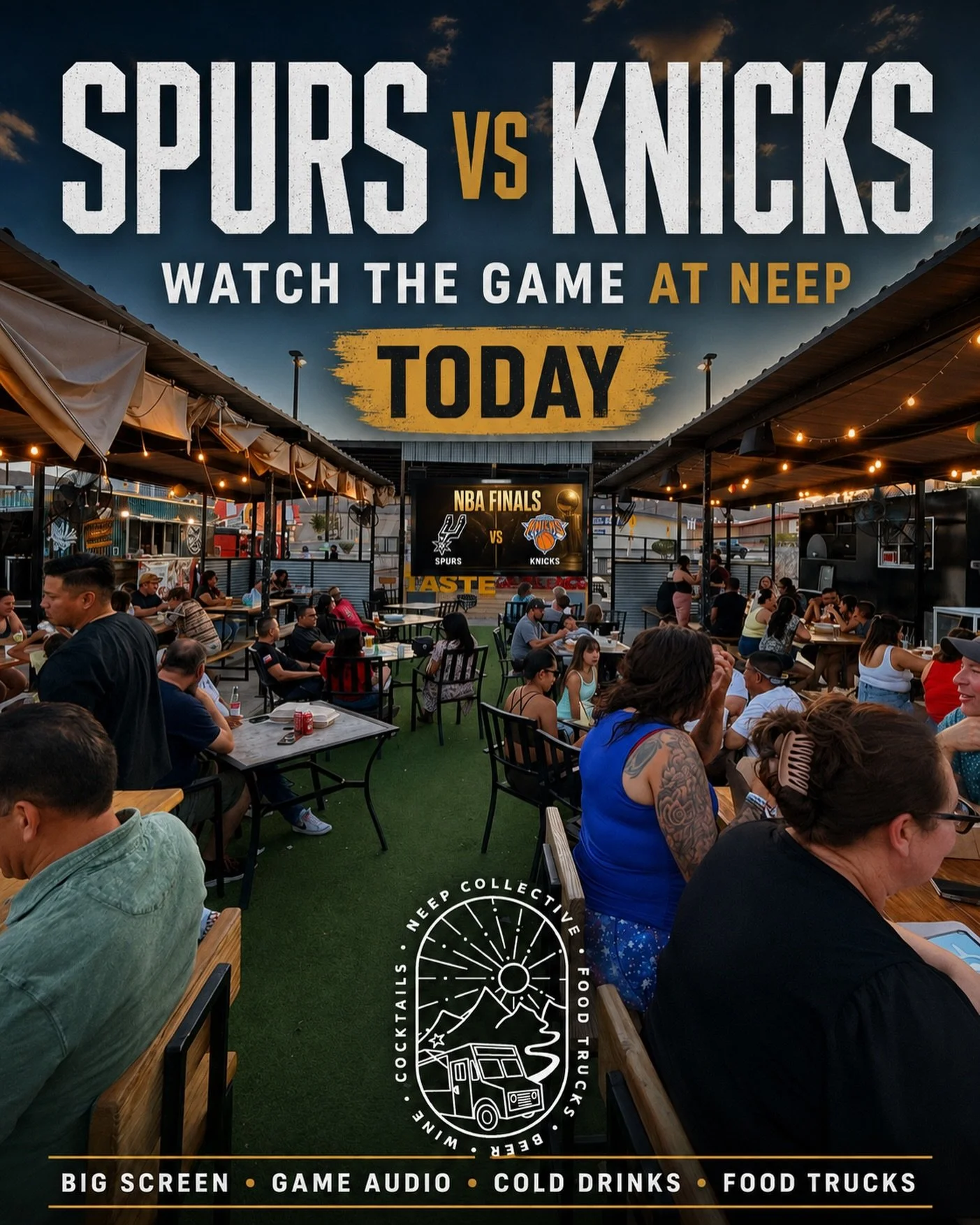 Spurs vs Knicks on the big screen today at NEEP 🏀

We&rsquo;ll have game audio on, cold drinks flowing, and food trucks ready when you get hungry.

Grab your crew, get here early, and watch it on the patio.

📍NEEP Collective
Big Screen &bull; Game 