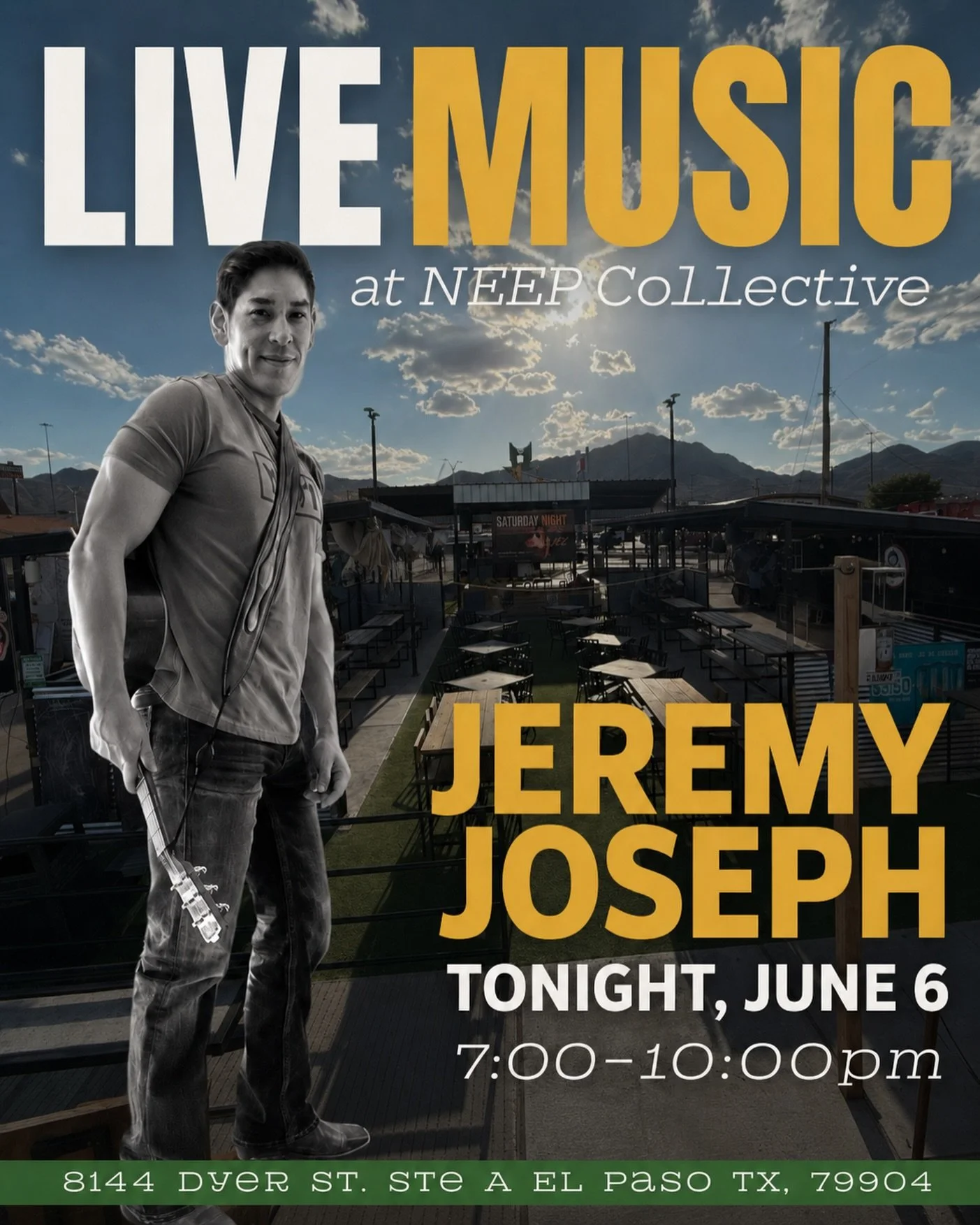 Tonight on the patio 🎶

Jeremy Joseph takes the NEEP stage from 7&ndash;10pm. Grab a drink, hit the food trucks, and settle in for live music under the Northeast sky.

📍8144 Dyer St. Ste A
🎸 Tonight, June 6
⏰ 7&ndash;10pm

#NEEPCollective #ElPasoL