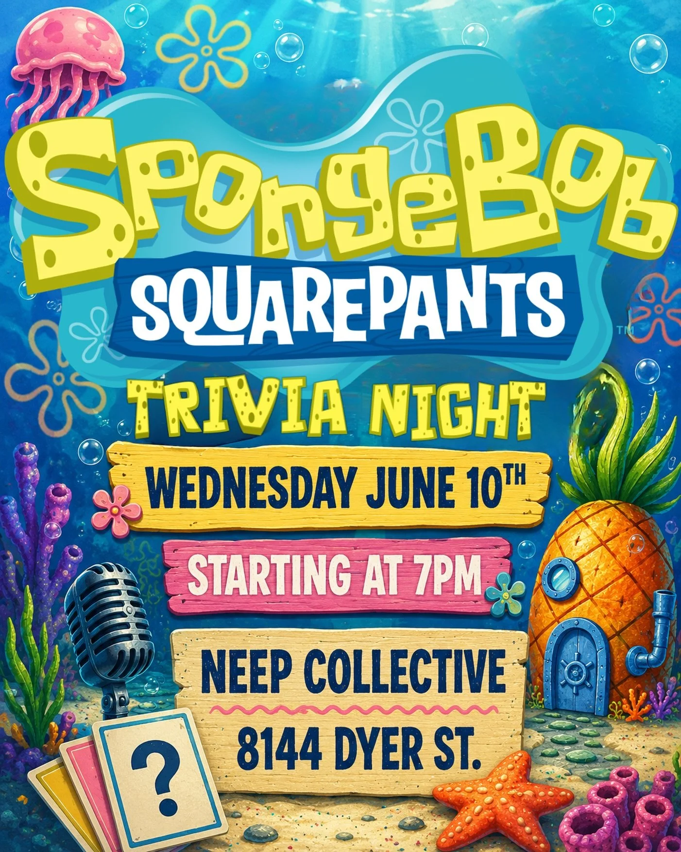 Who lives in a pineapple under the sea&hellip; and knows way too much trivia? 🍍🌊

SpongeBob Trivia is going down Wednesday, June 10th at 7PM at NEEP Collective.

Bring your crew, brush up on Bikini Bottom, and don&rsquo;t be the guy who forgets the
