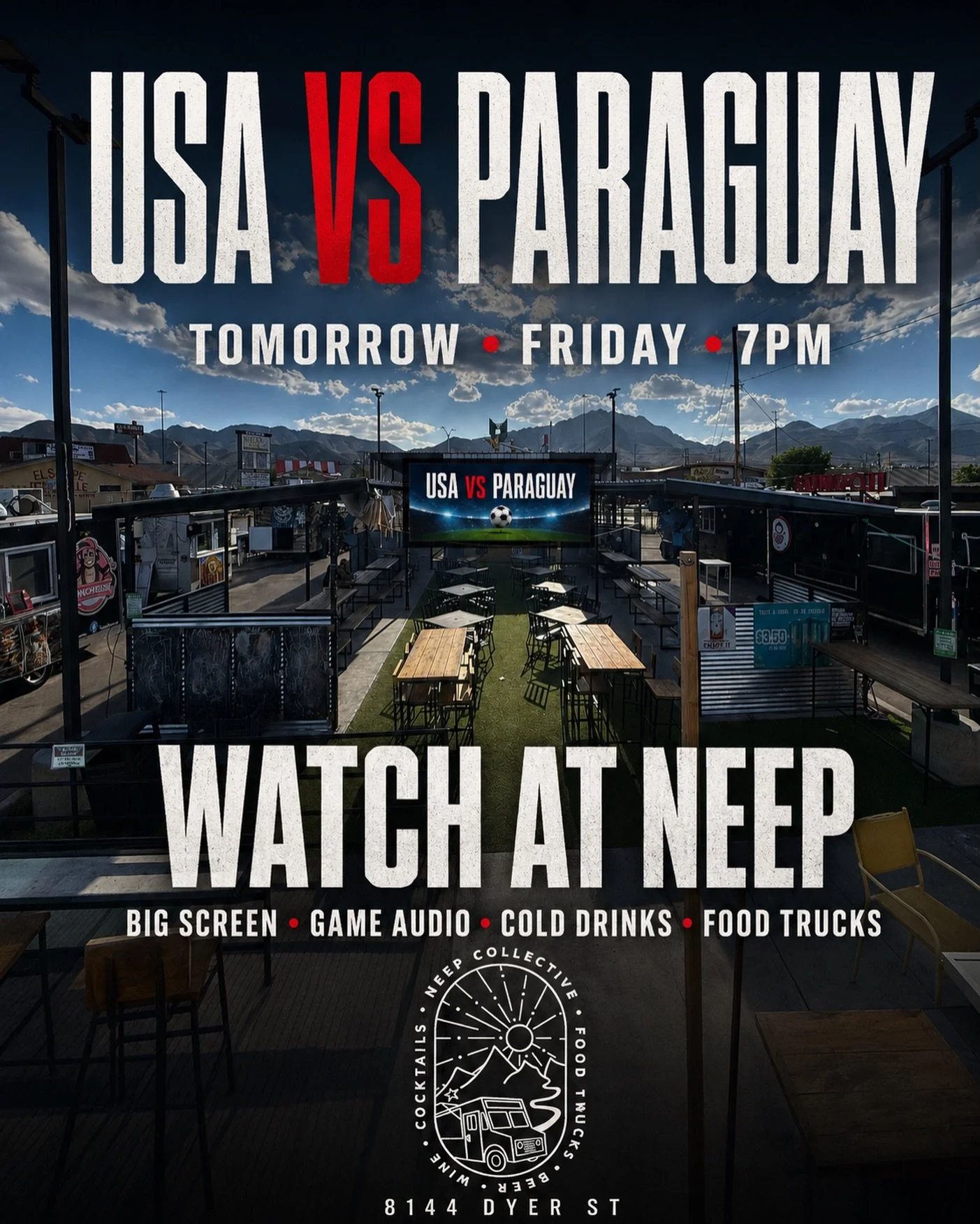 Friday night under the mountains. 🇺🇸⚽️

USA vs Paraguay on the big screen tomorrow at NEEP. Game audio on, cold drinks pouring, food trucks ready.

Kickoff at 7PM &mdash; pull up early and claim a table.

📍8144 Dyer St