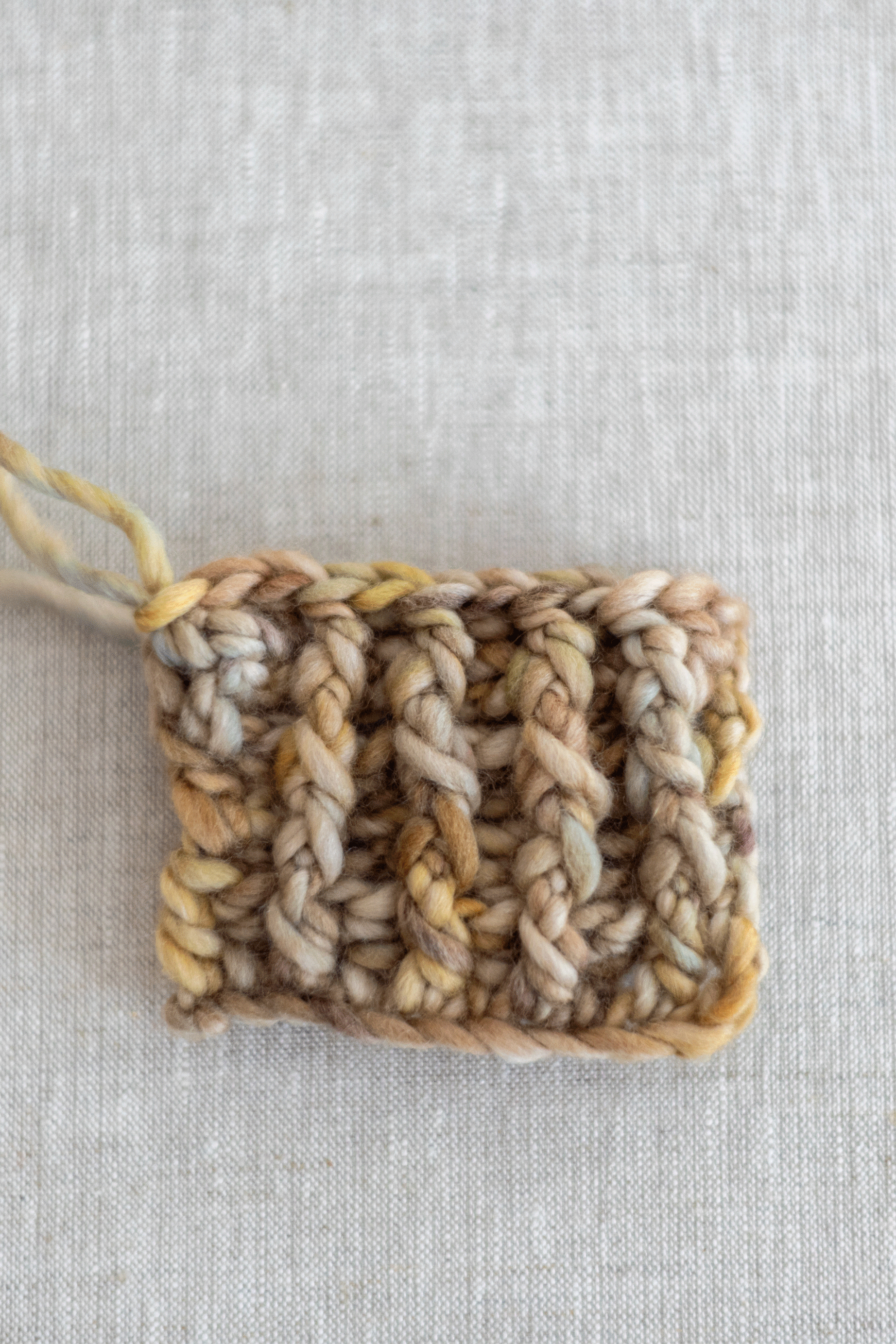 Close up of basic crochet stitches for beginners, chain single and double crochet