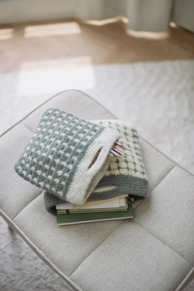 Two crocheted mini bags with checkered pattern by Pand Zestien displayed on a sofa with books
