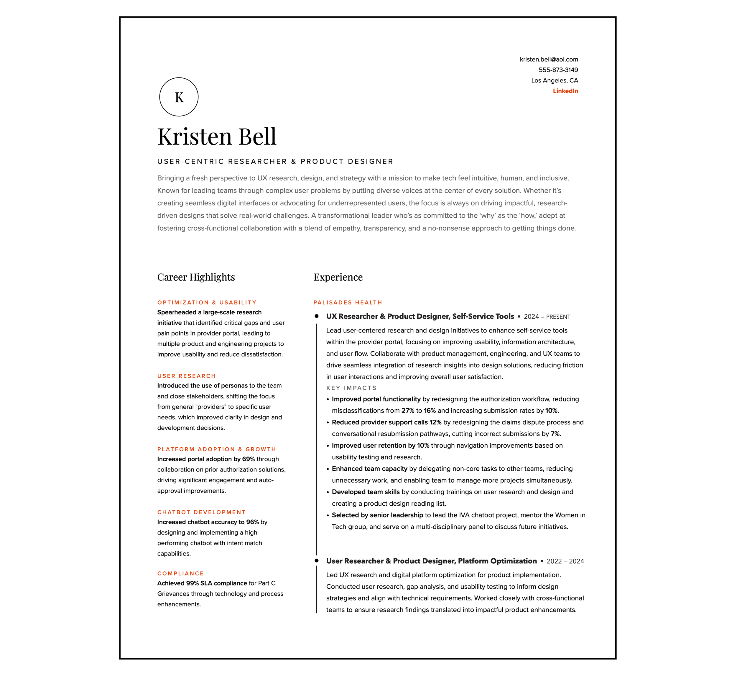UX Researcher resume example