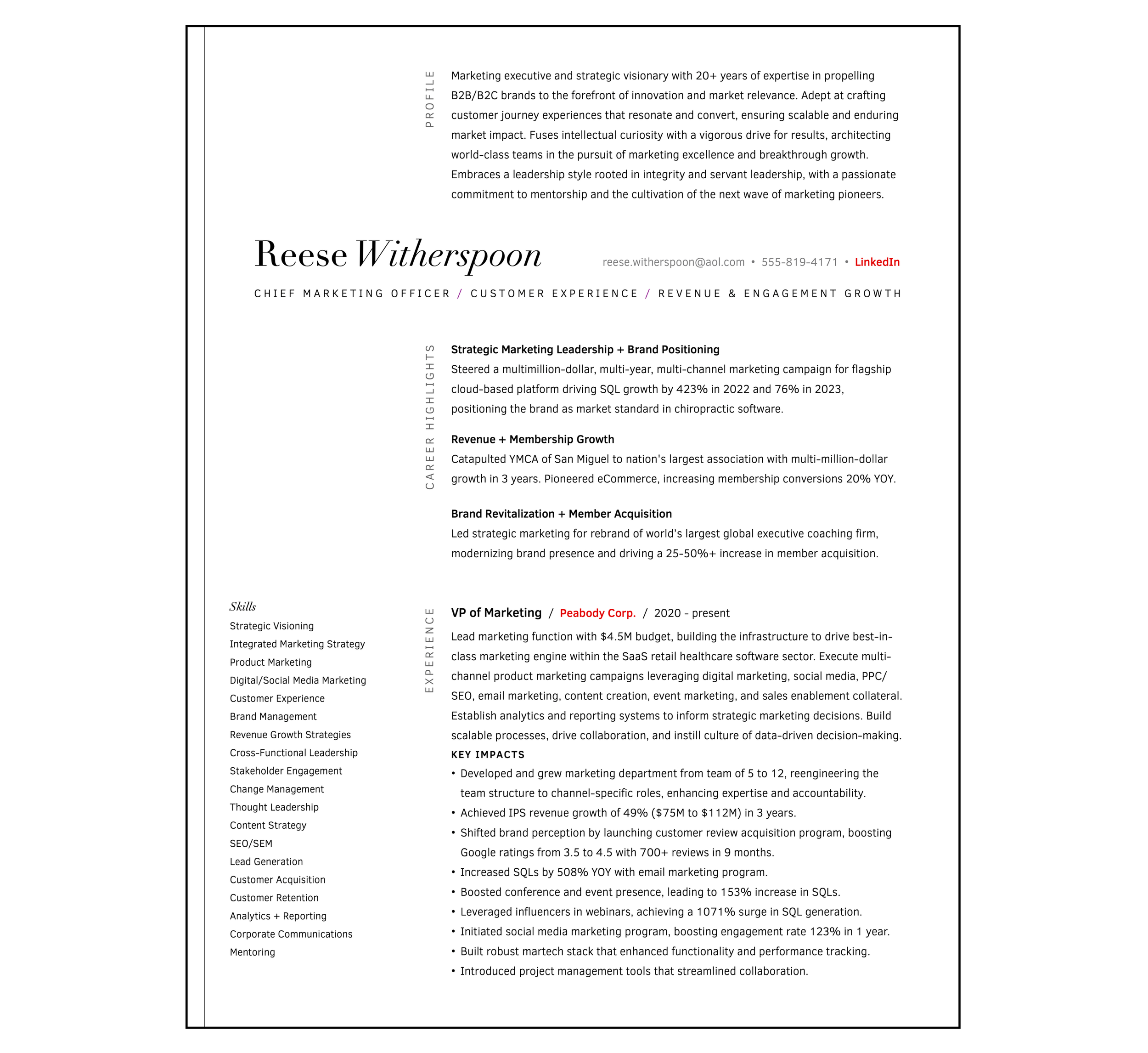 Minimalist modern resume example for a marketing executive