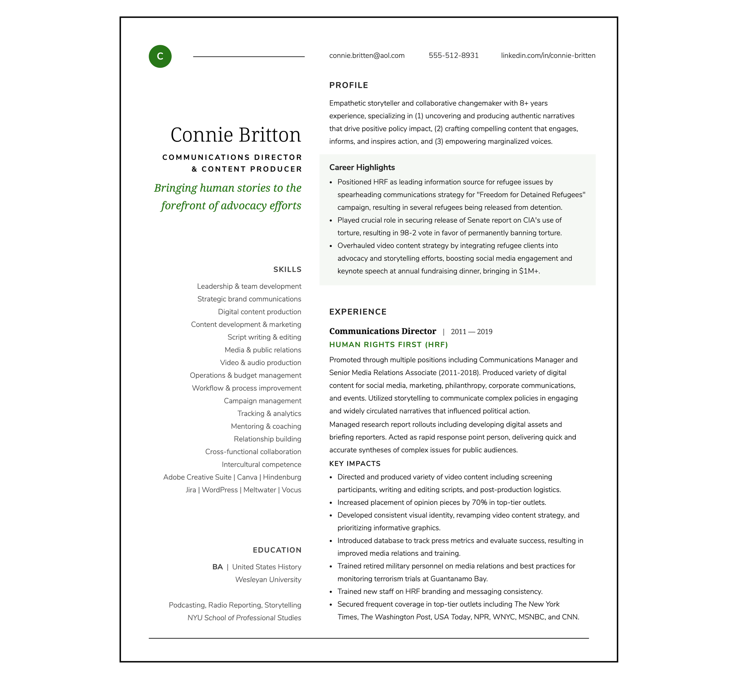 Communications Director modern resume example