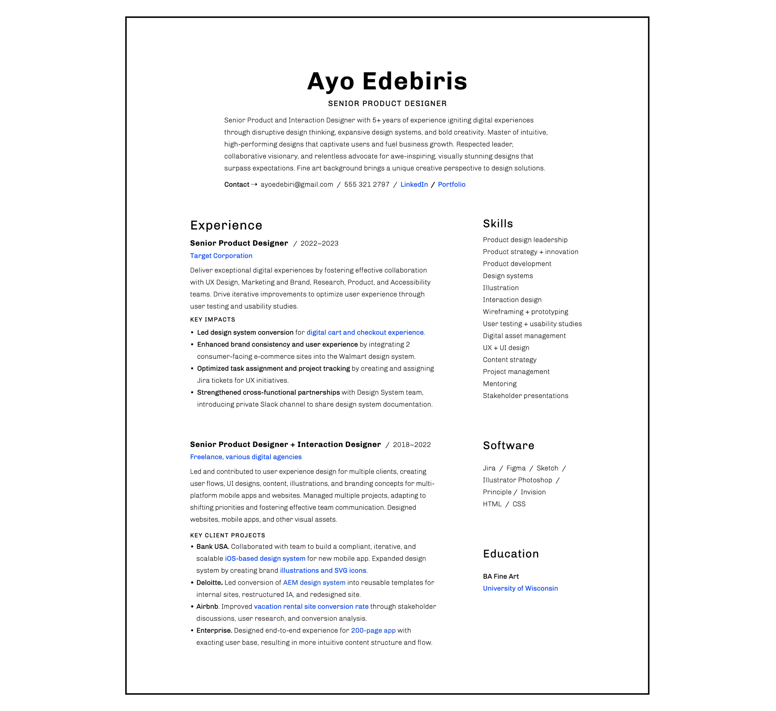 Modern minimalist resume example for a product manager