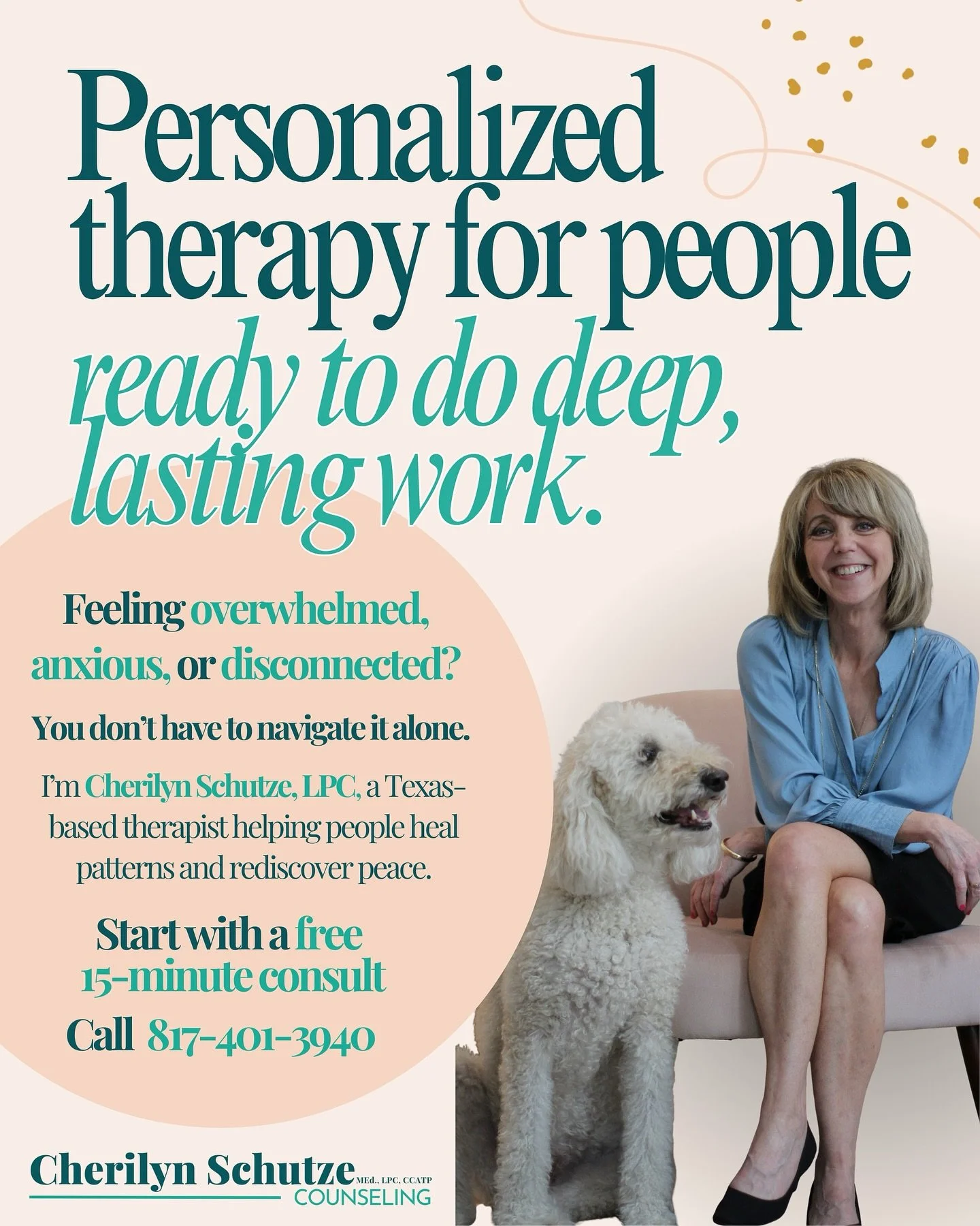 Feeling overwhelmed, stuck, or just&hellip; not yourself lately?
You don&rsquo;t have to navigate it alone.

I&rsquo;m Cherilyn Schutze, LPC &mdash; a therapist who helps adults move through anxiety, grief, burnout, and the patterns that keep them fe