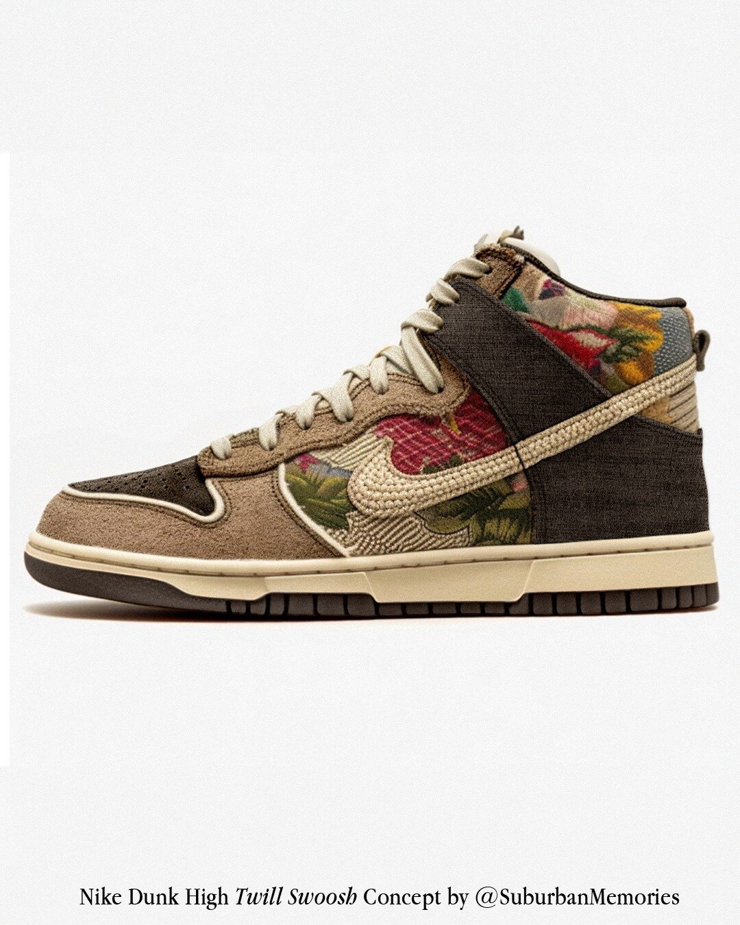 Nike Dunk High 'Twill Swoosh' Concept by Me

This concept is inspired by woven vintage blankets that often depict floral or other peaceful scenery. I often come across blankets like this thrifting and wonder what fun projects they could be used for. 