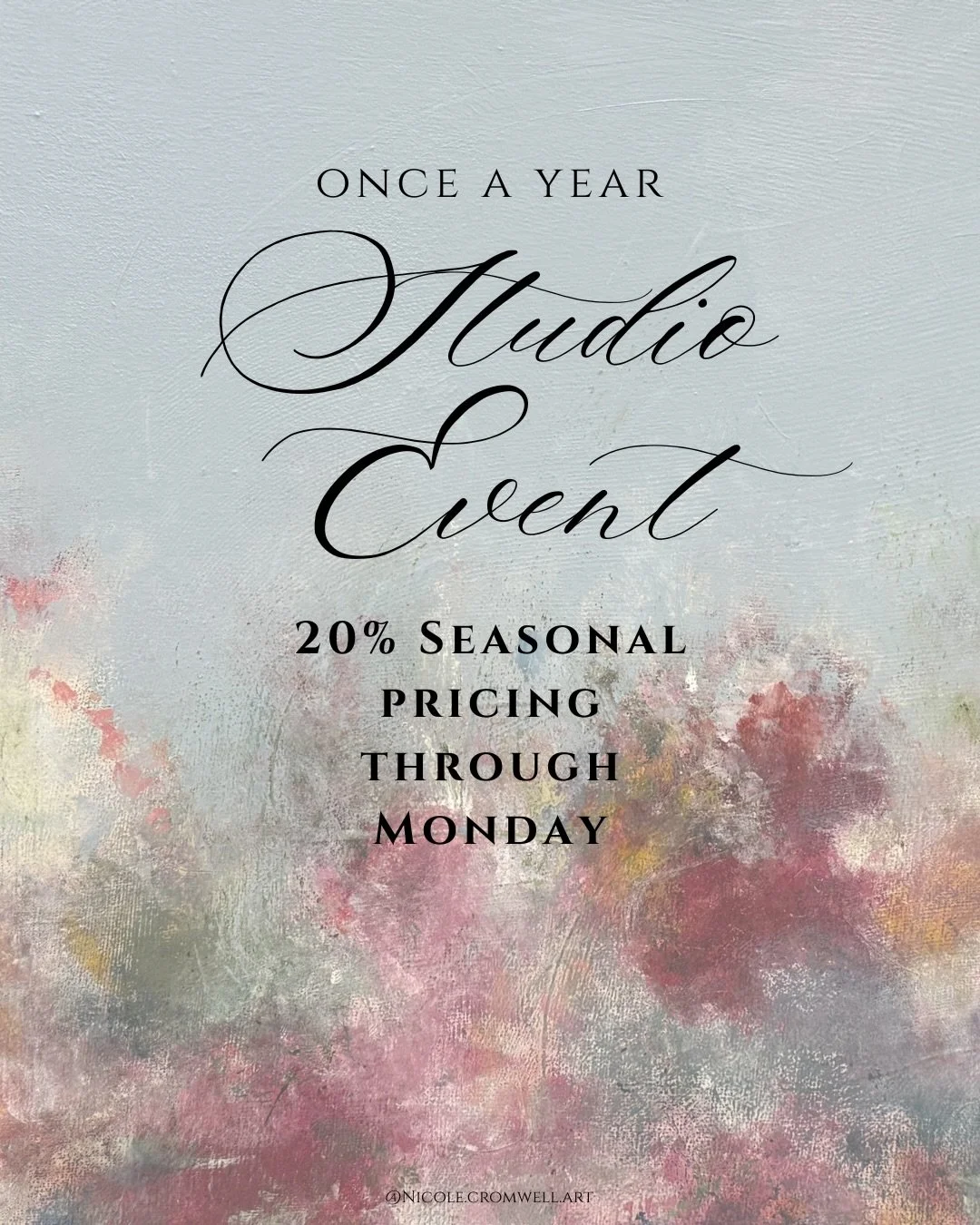 Once a Year Studio Event Seasonal Pricing Through Monday

I rarely offer special pricing, but for this weekend only all original paintings in my gallery and online will be available at 20 percent off. 😳

If you&rsquo;ve been thinking about bringing 