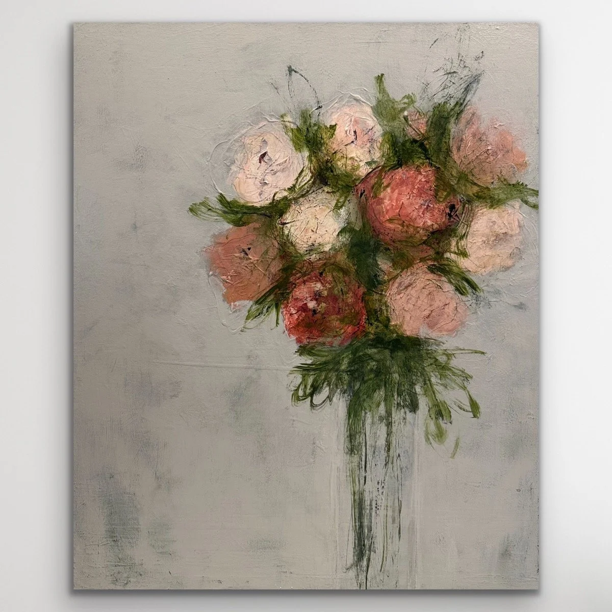 Adored, an original abstract floral painting of pink flowers in a vase, acrylic on canvas by Carmel-by-the-Sea artist Nicole Cromwell