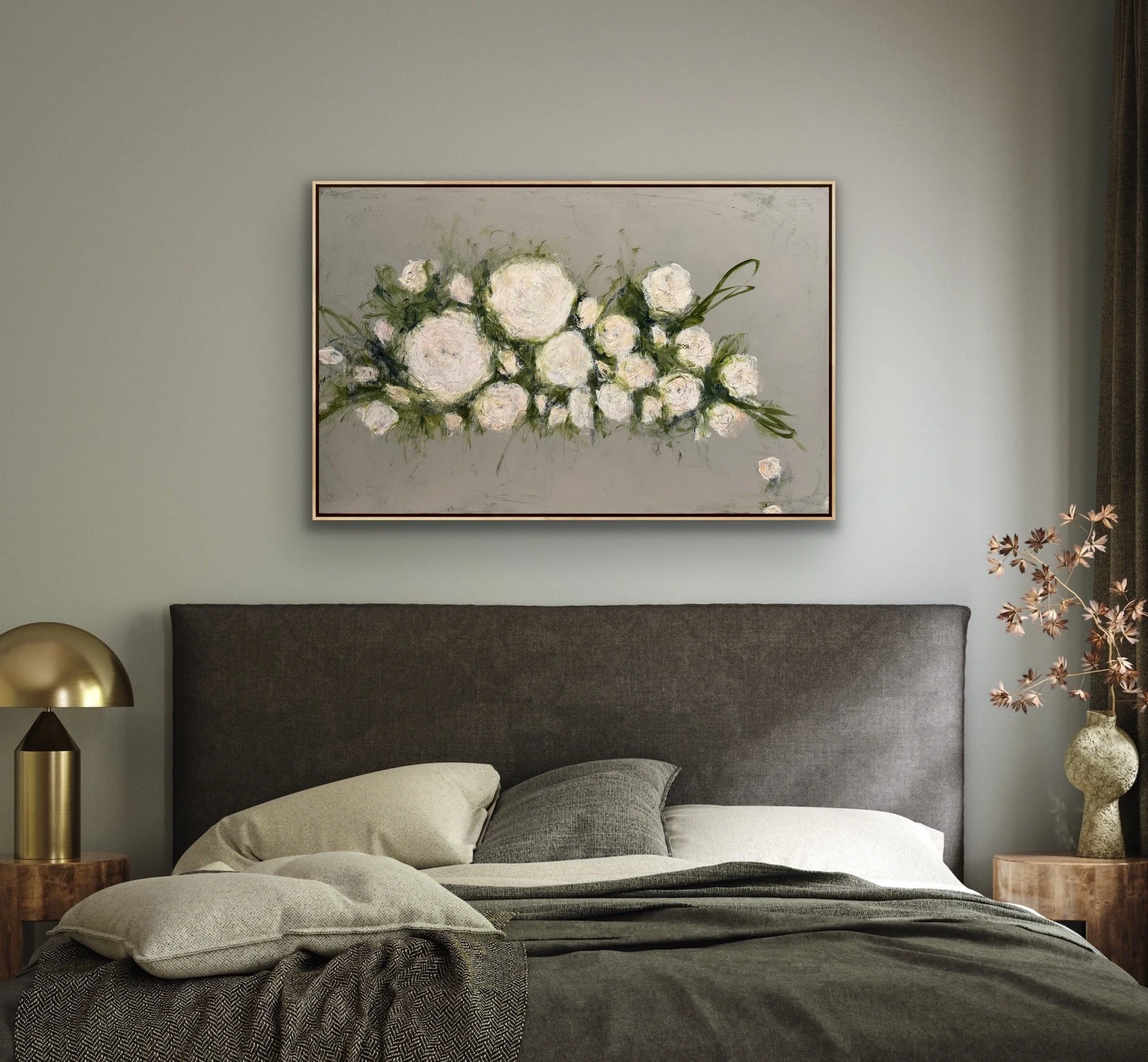 Cream florals on a textured warm grey background by Nicole Cromwell Art