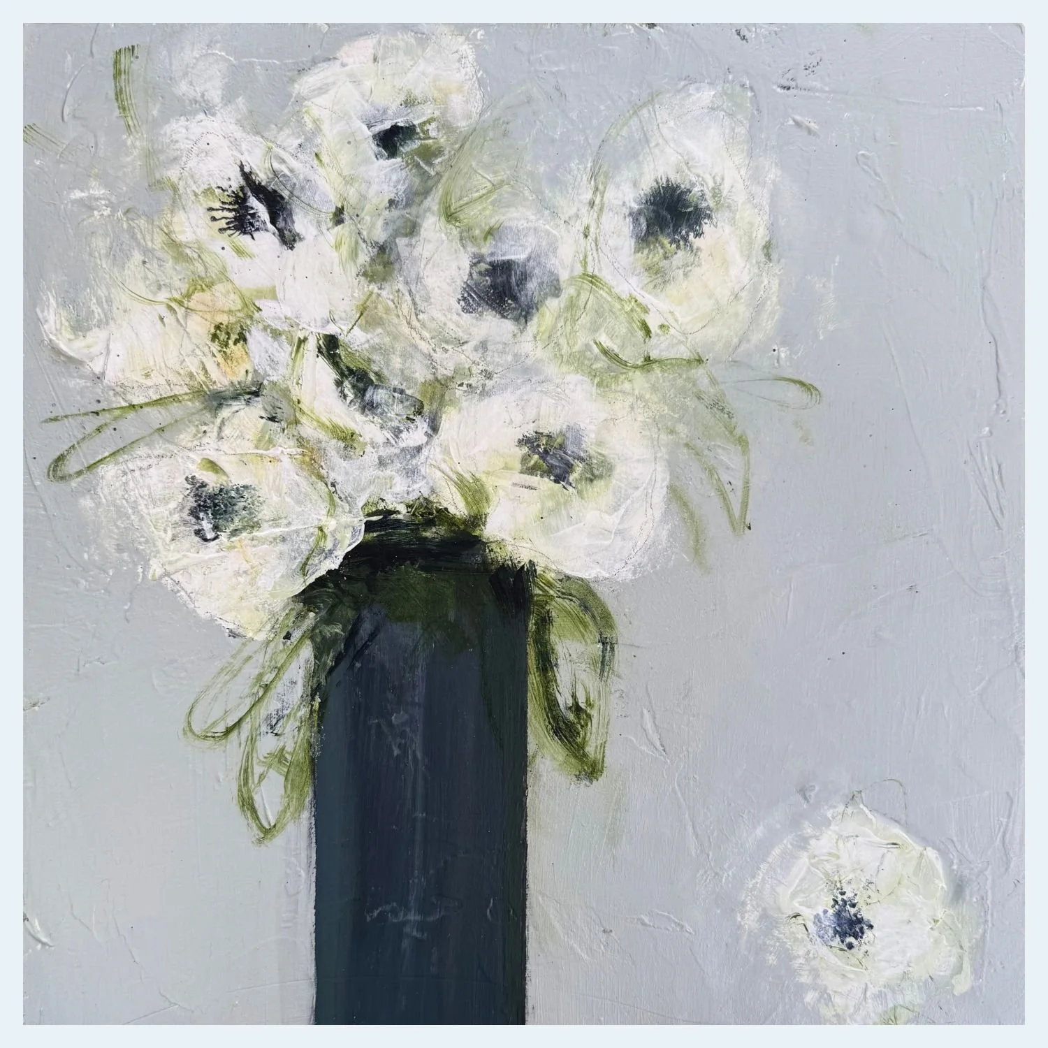 Original abstract floral painting in cool grey, blue and white tones, 14 x 14 acrylic on canvas